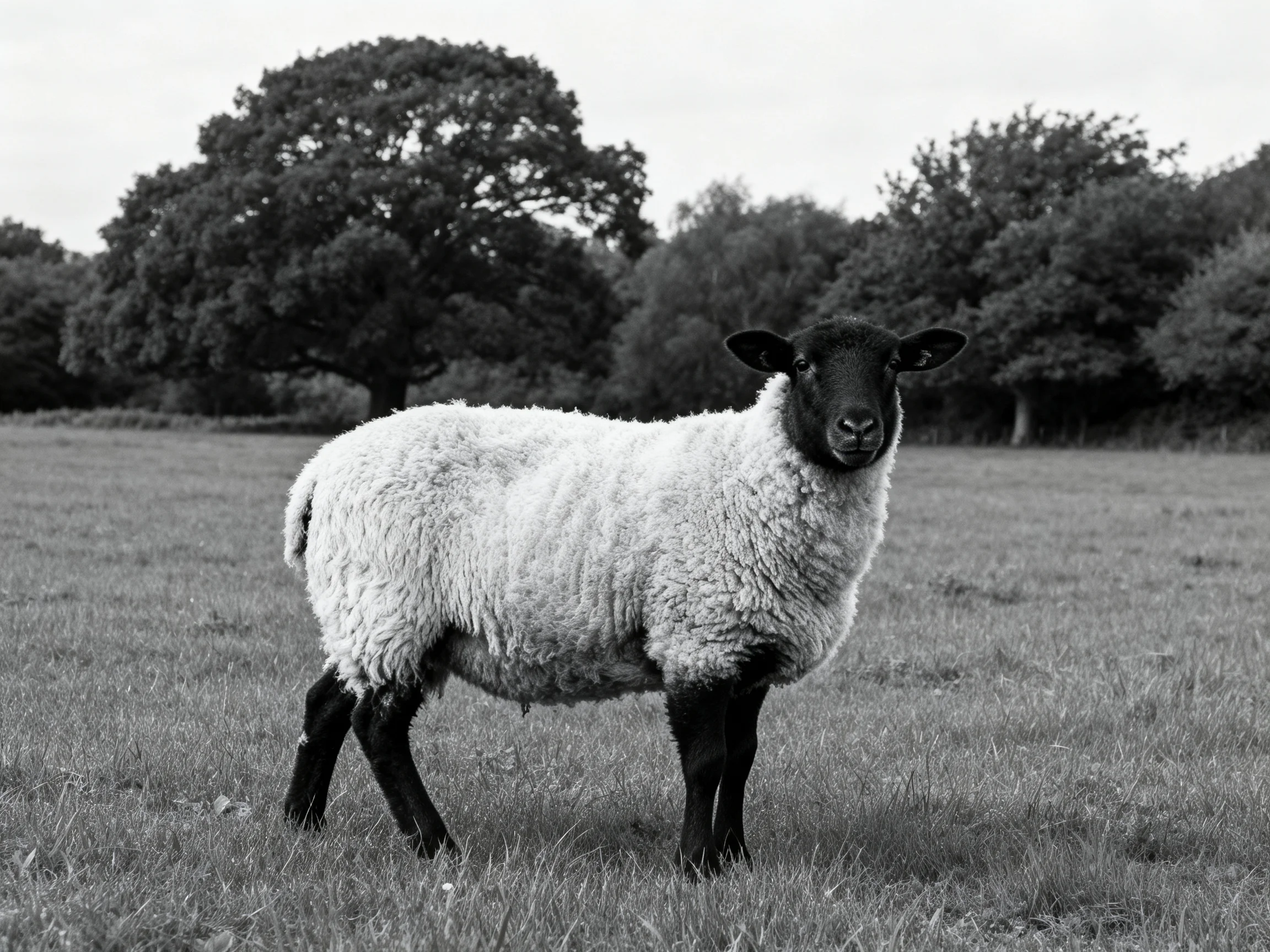 A sheep with black face and legs in a grassy field near large trees