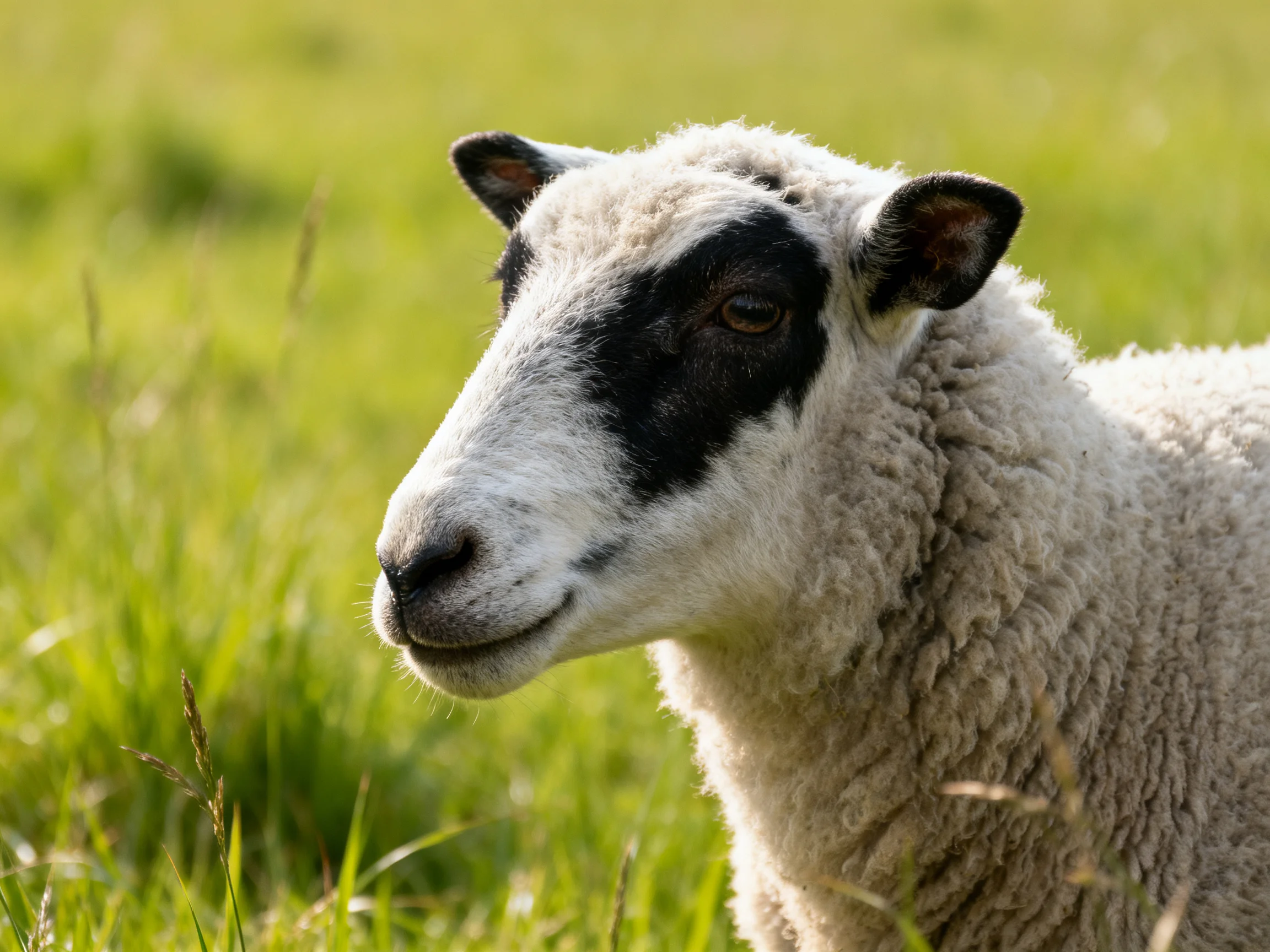 A sheep with black facial patches in a sunlit green meadow