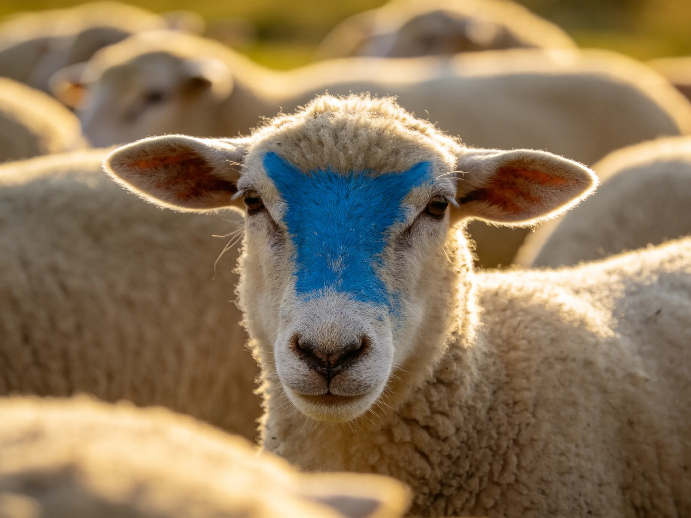A sheep with blue facial markings in a sunlit flock