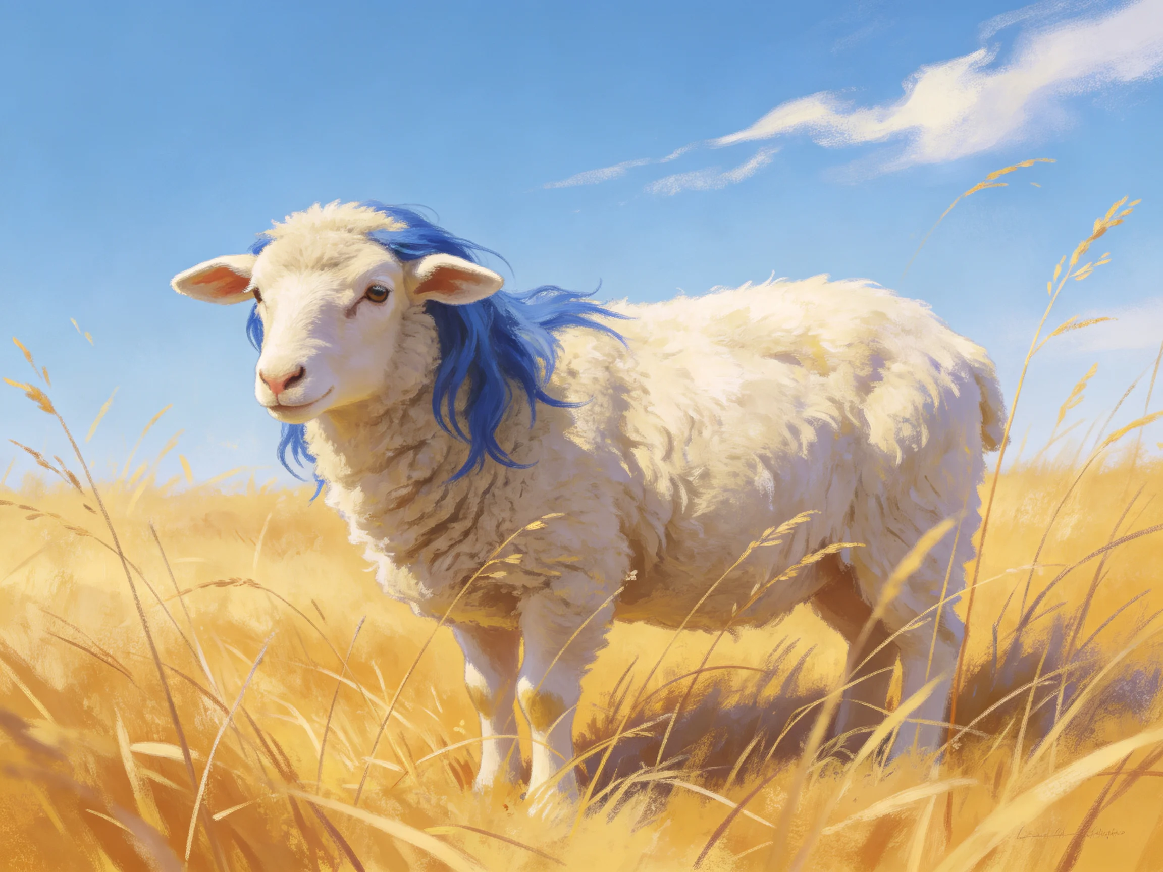 A sheep with blue hair stands in a golden field under a clear blue sky