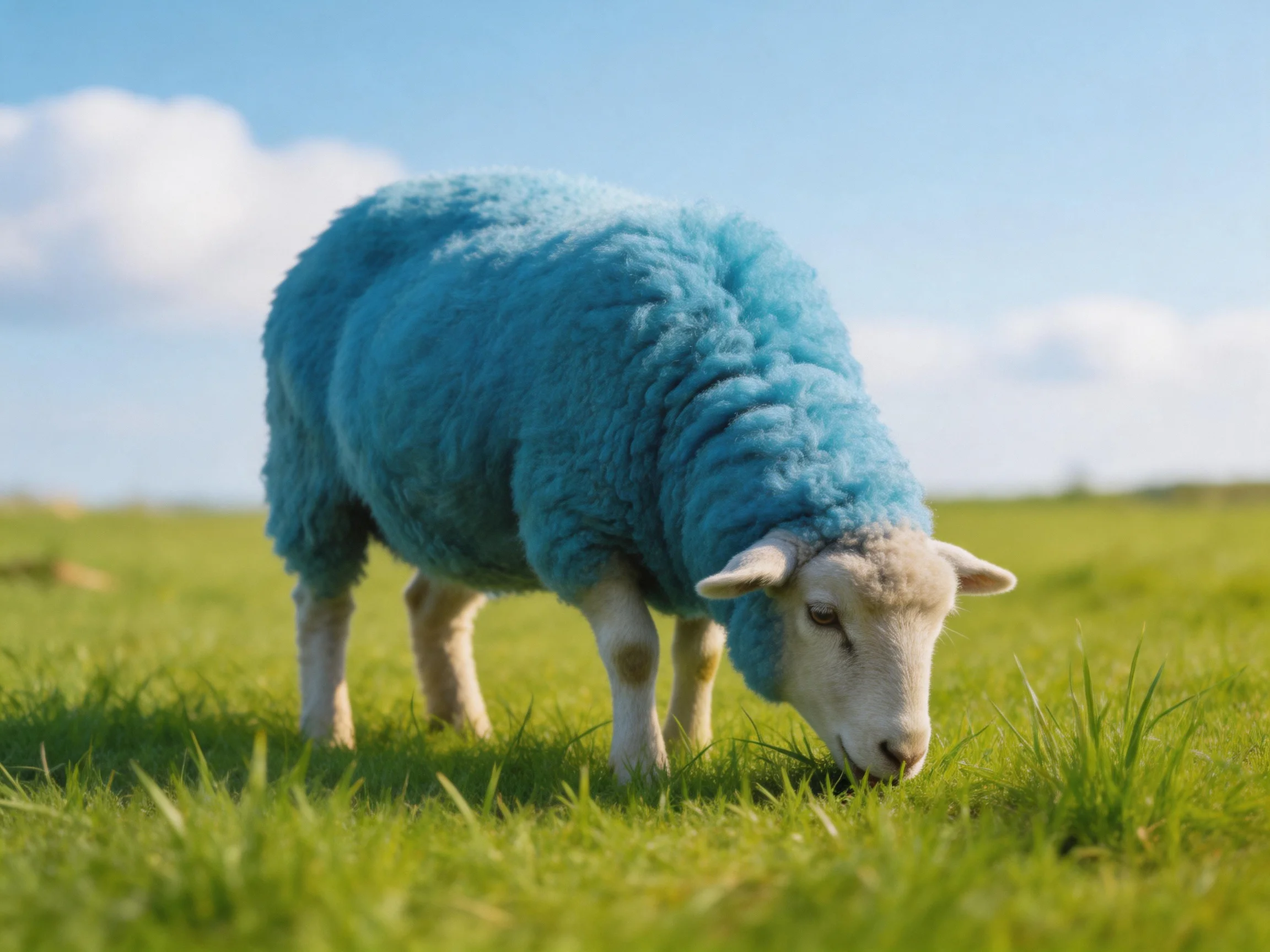 A sheep with bright blue wool grazing in a green field