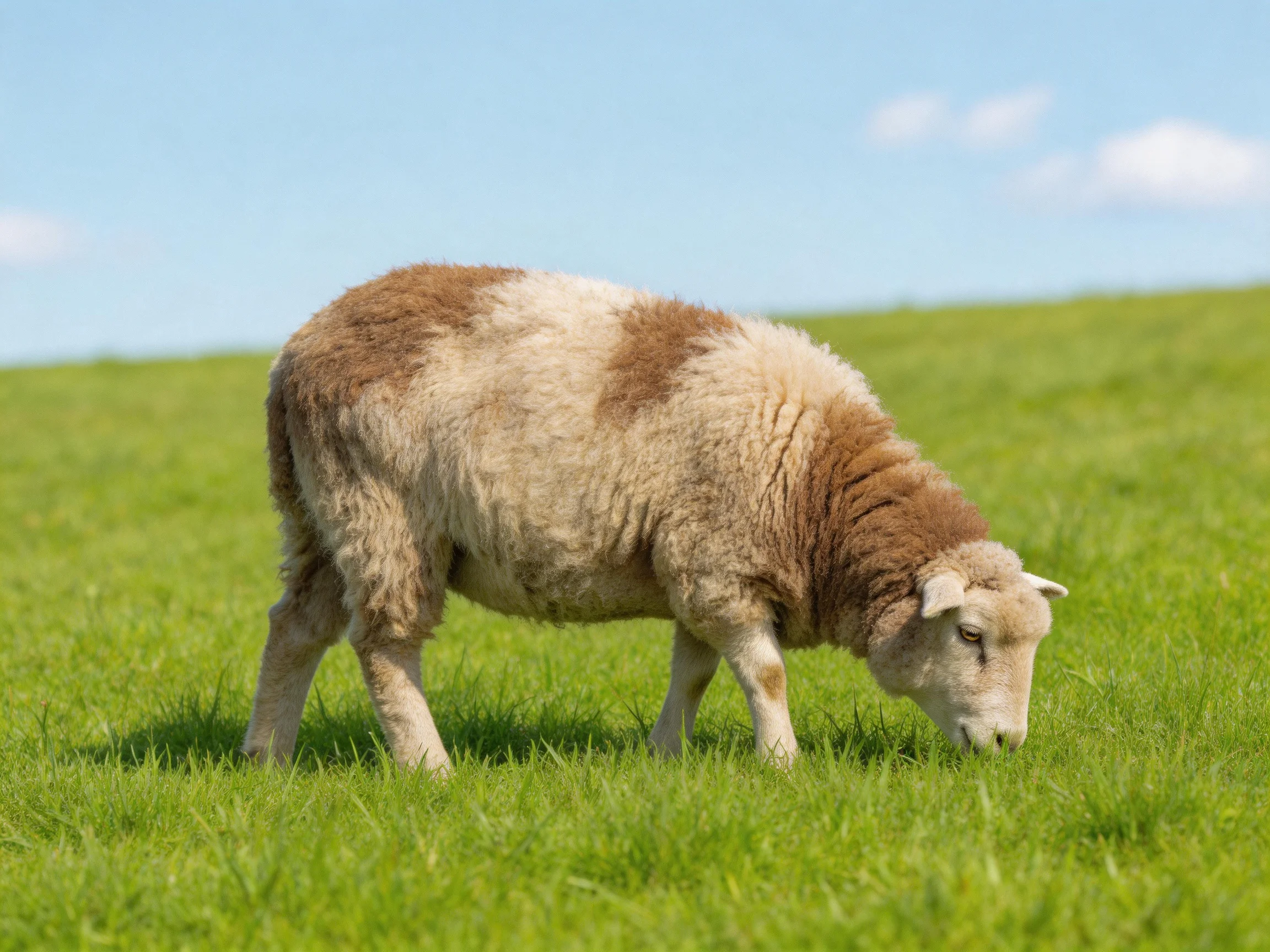 A sheep with brown and white wool grazing in a lush green meadow
