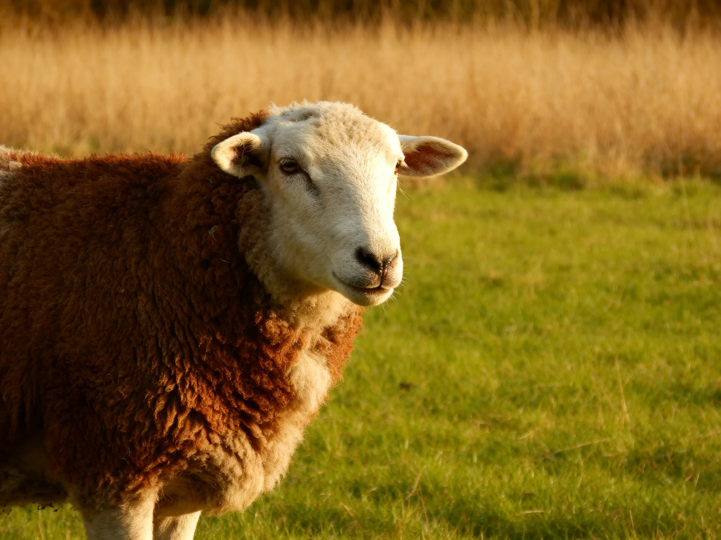 A sheep with brown and white wool in a sunlit green field