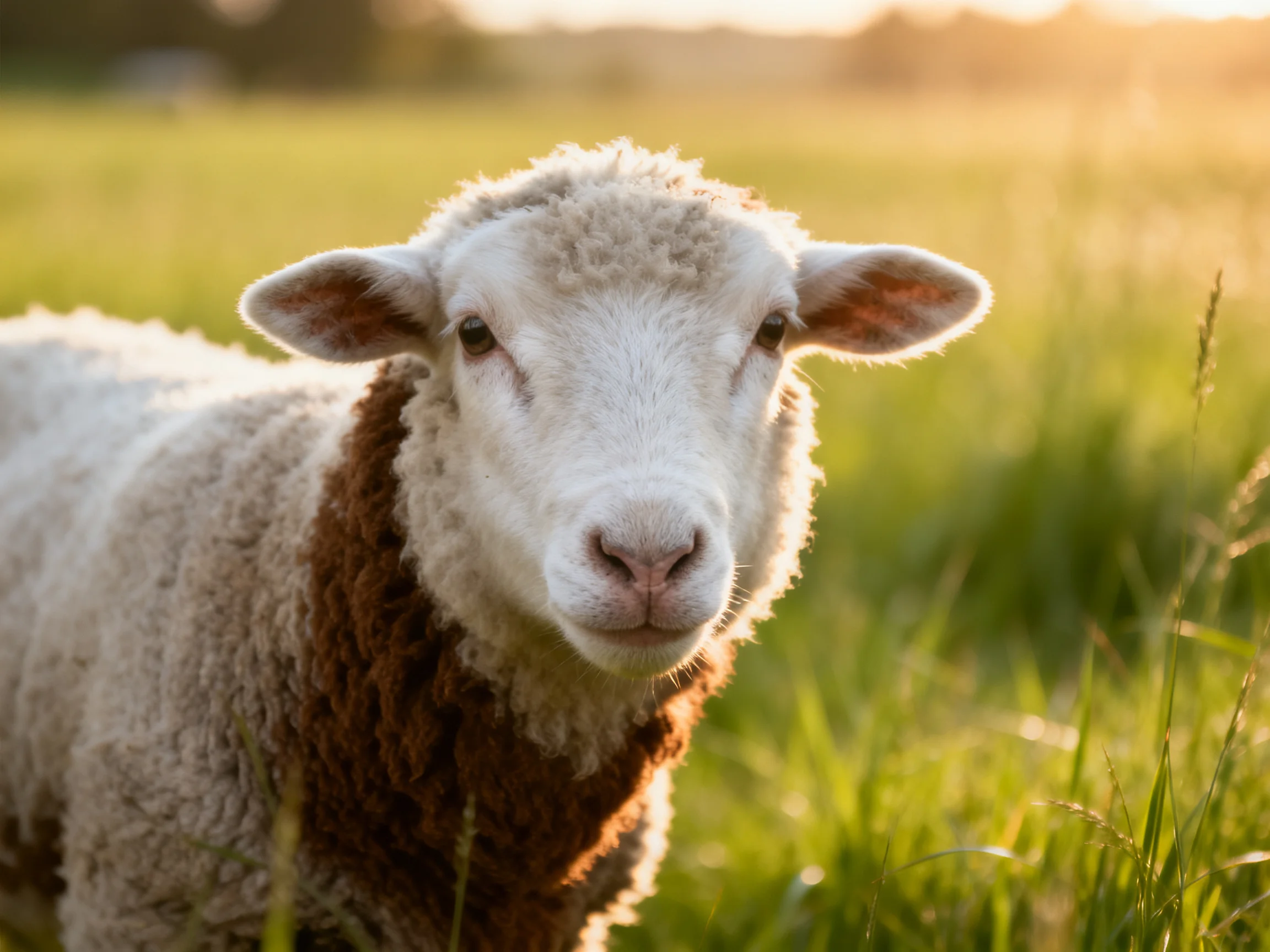 A sheep with brown and white wool in a sunlit meadow