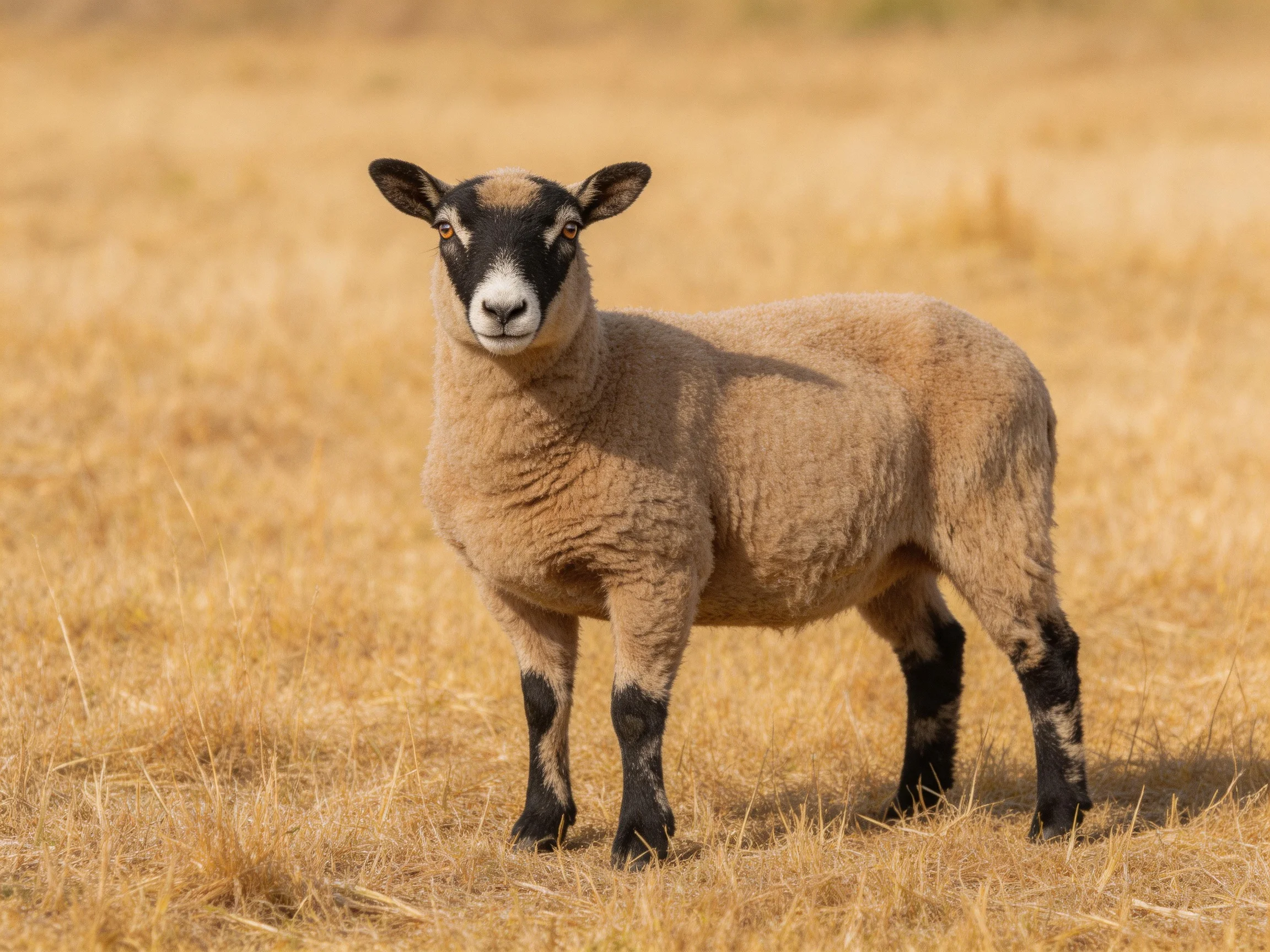 A sheep with brown wool and black markings in a golden field