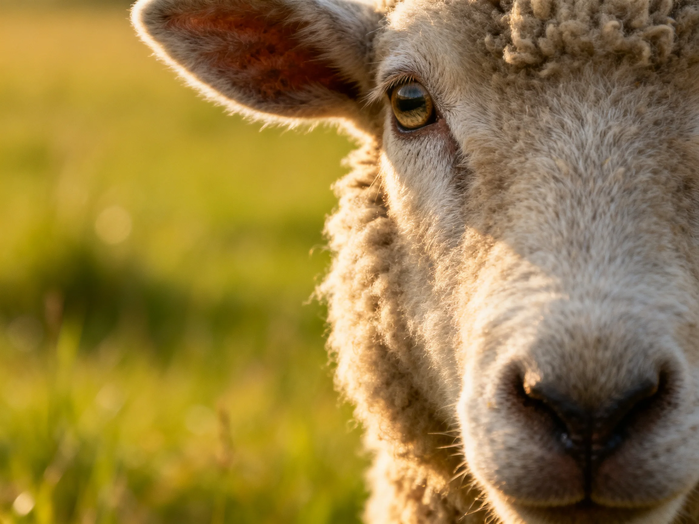 A sheep with curly wool gazes into the camera near a green meadow