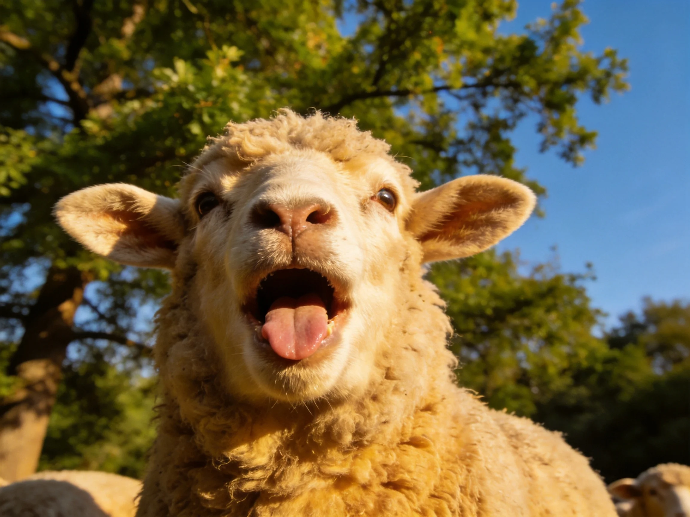 A sheep with curly wool sticks tongue out near leafy trees