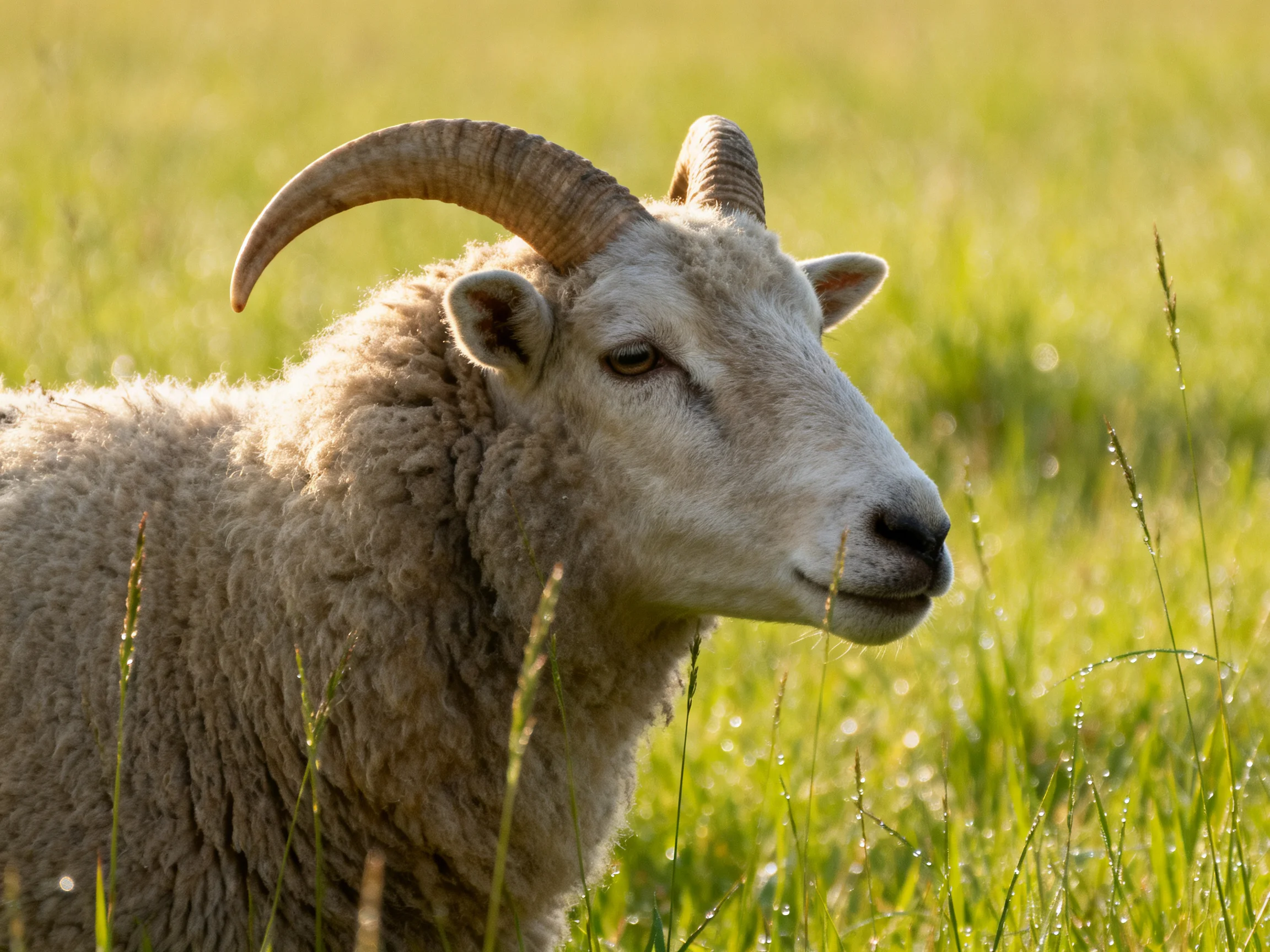 A sheep with curved horns and thick gray wool in a sunlit green meadow