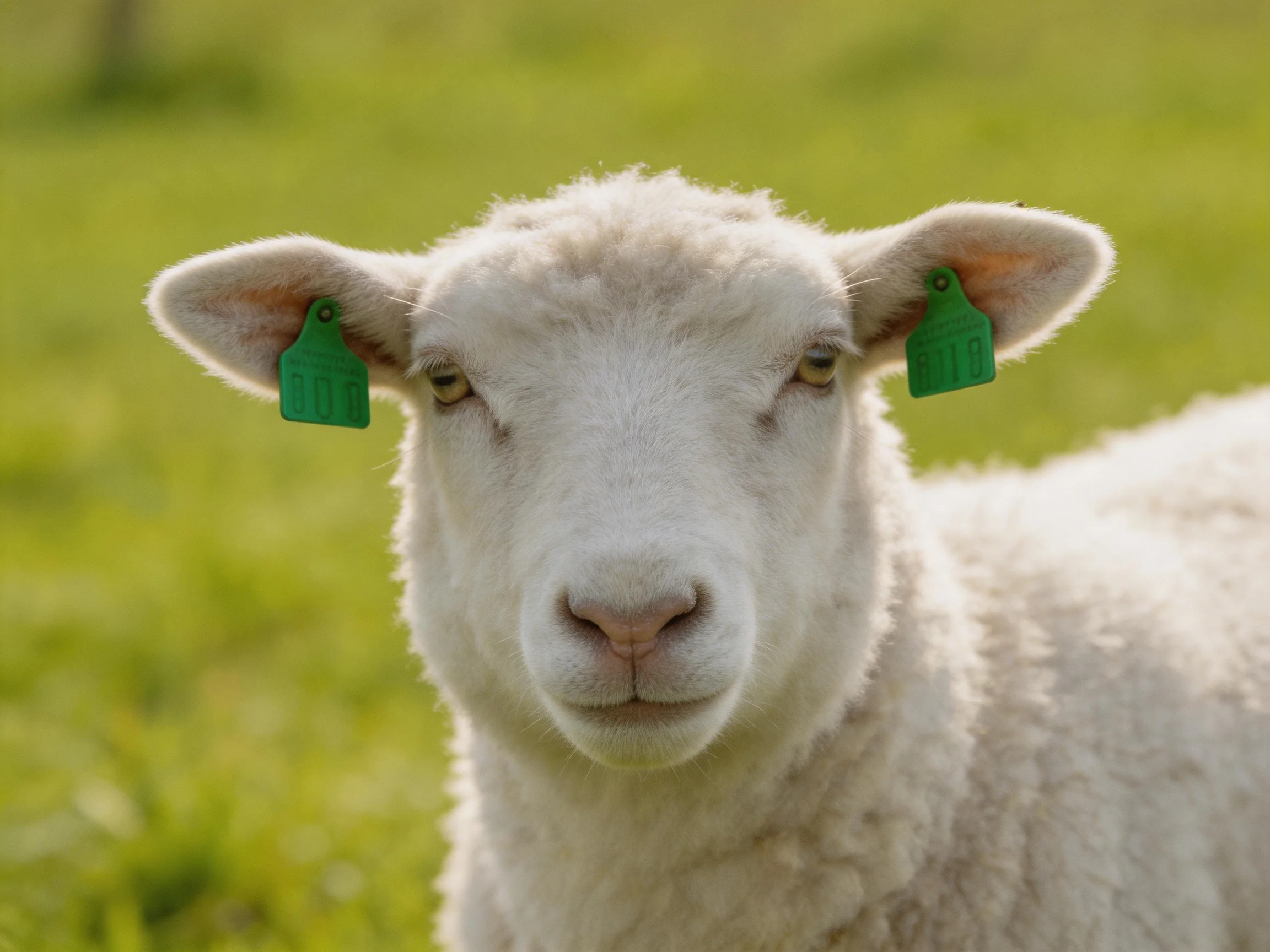 A sheep with green ear tags in a sunlit green field