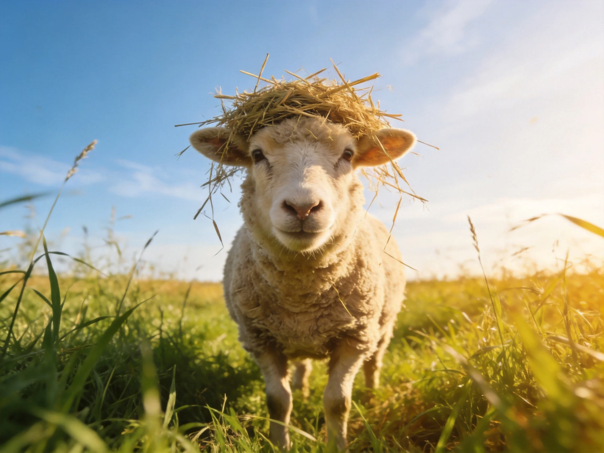 A sheep with hay on its head in a sunlit green field