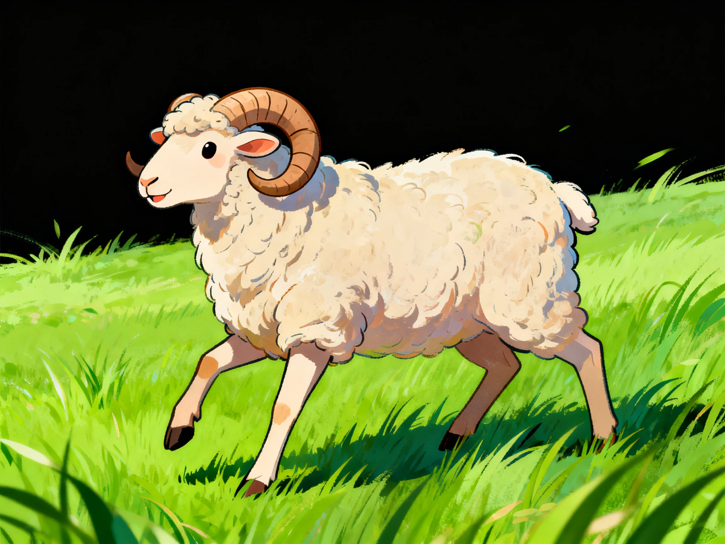 A sheep with large curled horns on bright green grass