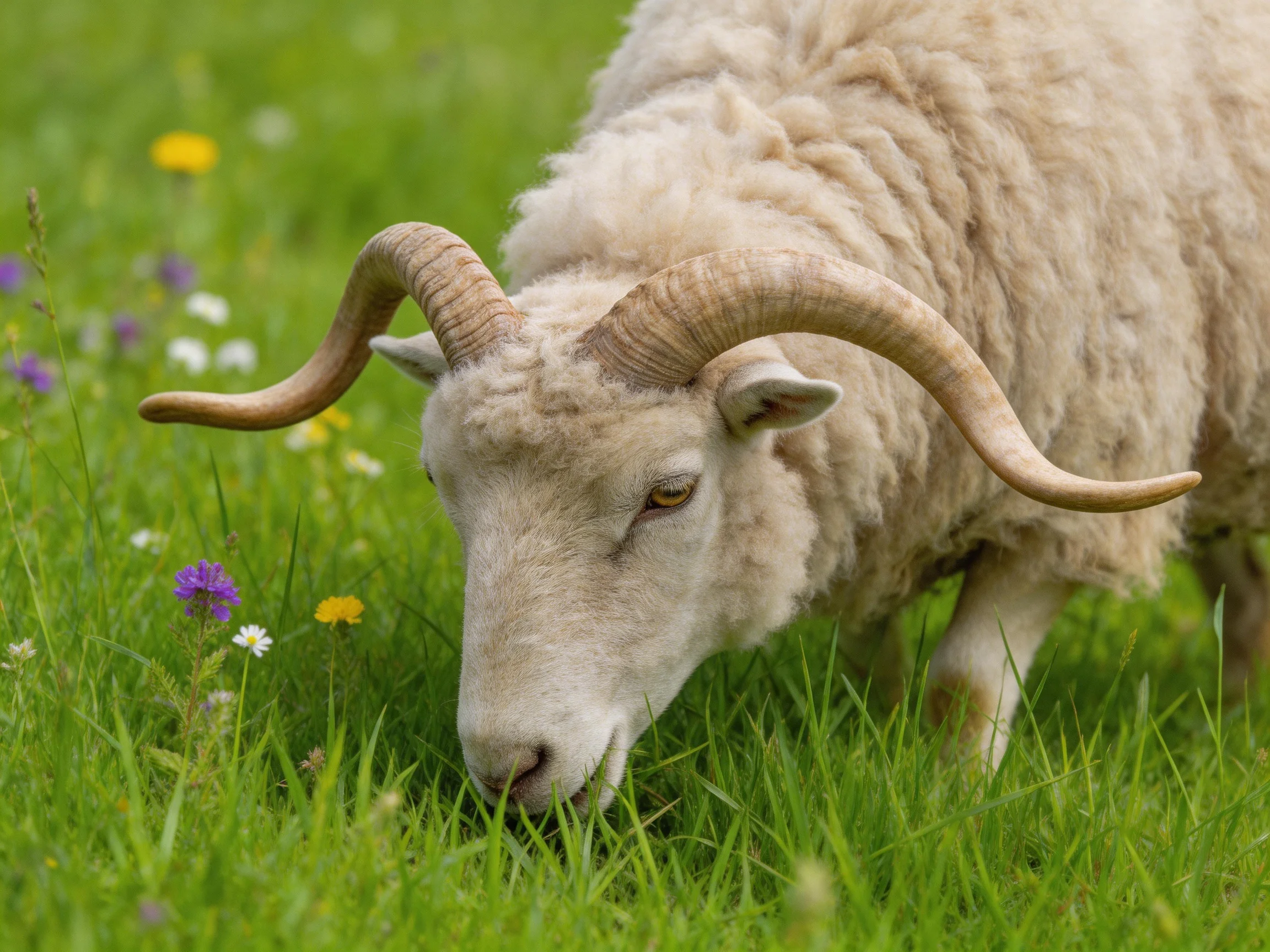 A sheep with large curved horns grazing in a lush green meadow