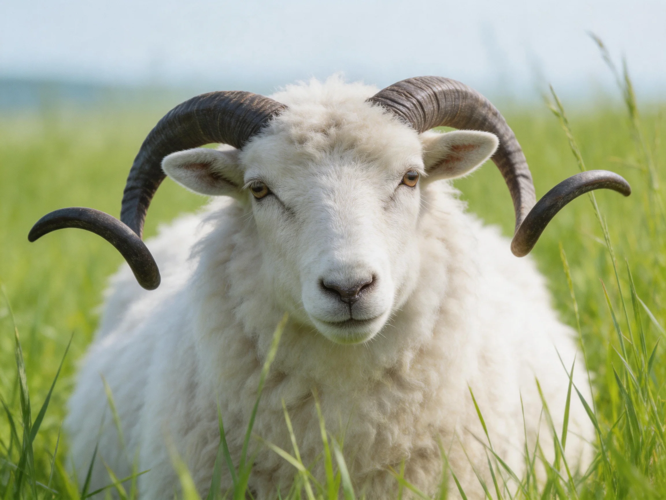 A sheep with large curved horns in lush green grass
