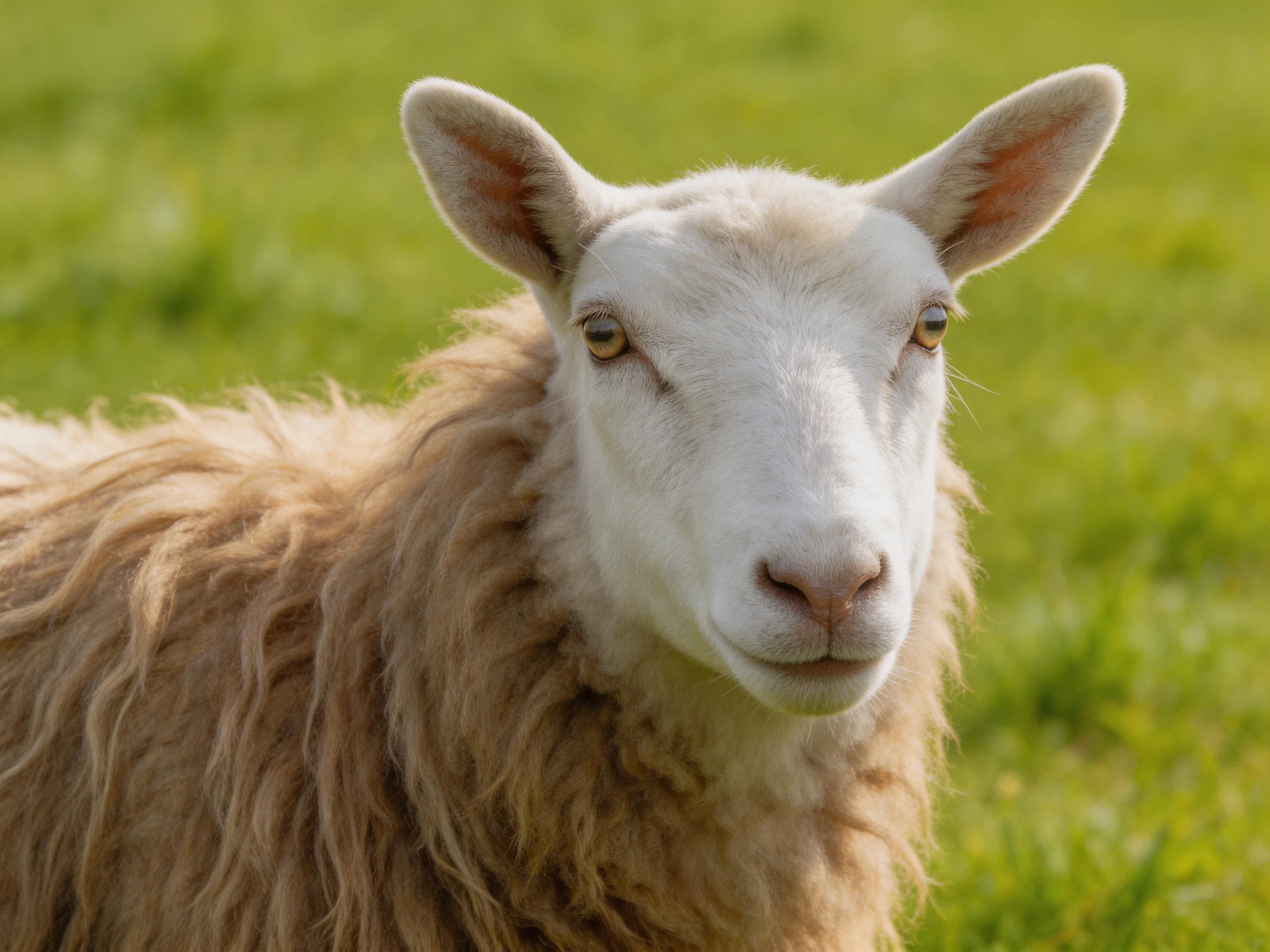A sheep with long brown wool in a green meadow