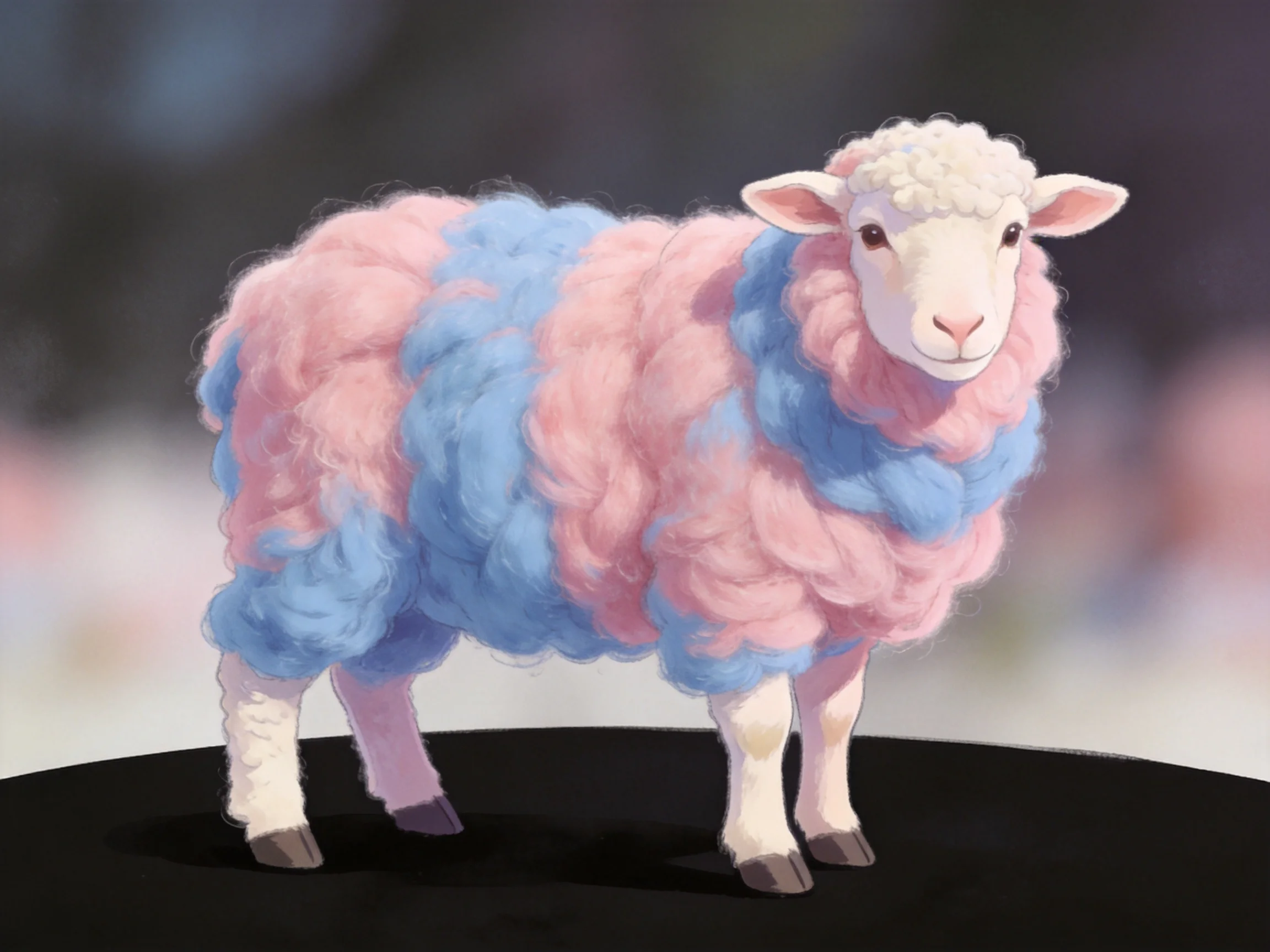 A sheep with pink and blue woolly fur stands on a dark surface
