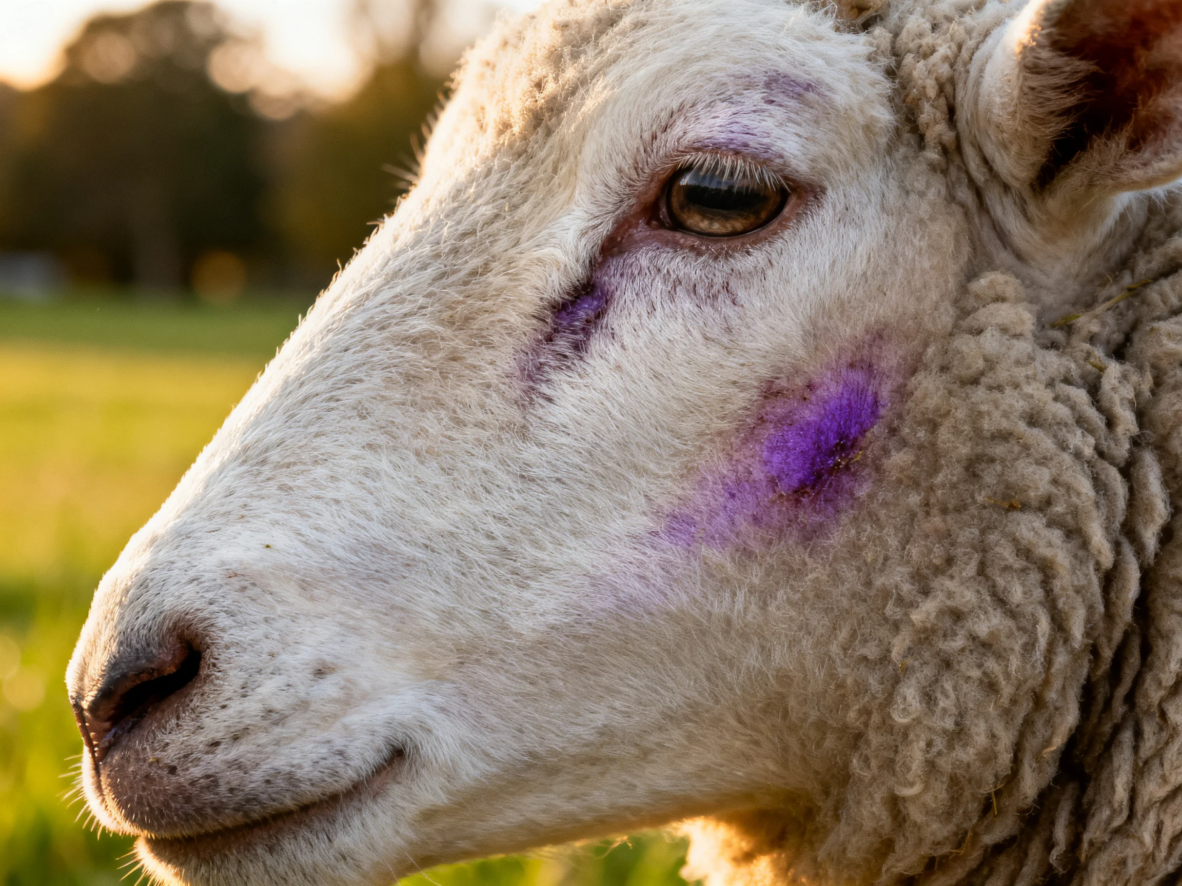 A sheep with purple facial markings in a sunlit field
