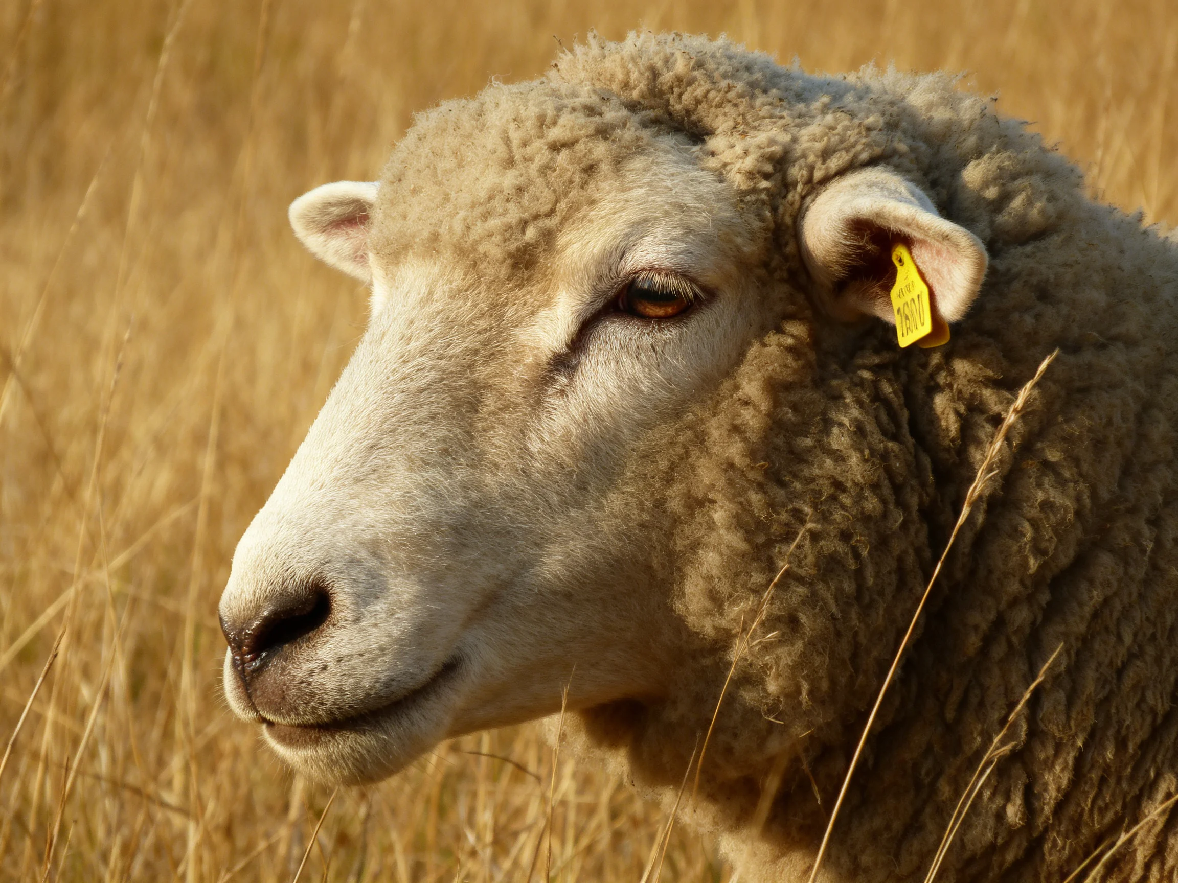 A sheep with thick brown wool in golden grassland