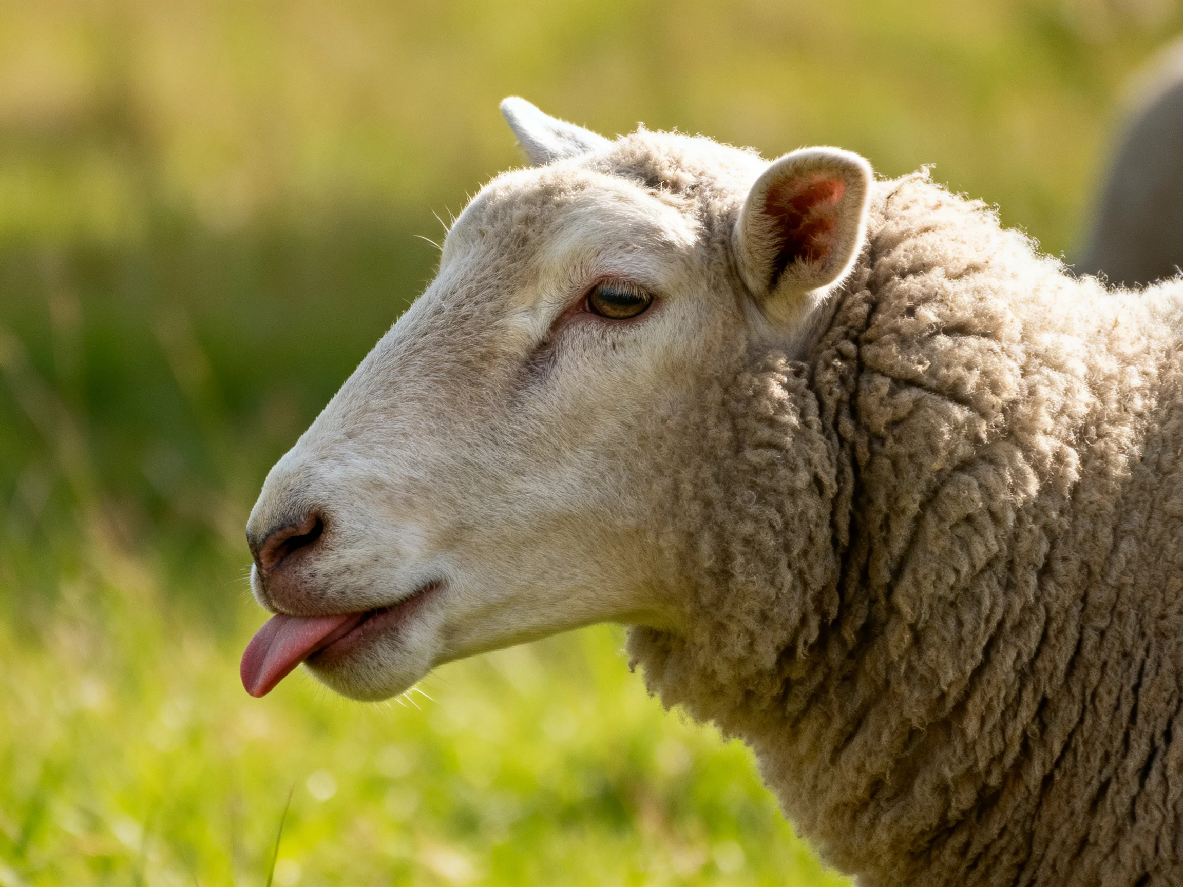 A sheep with thick brown wool sticks tongue out in a sunlit meadow