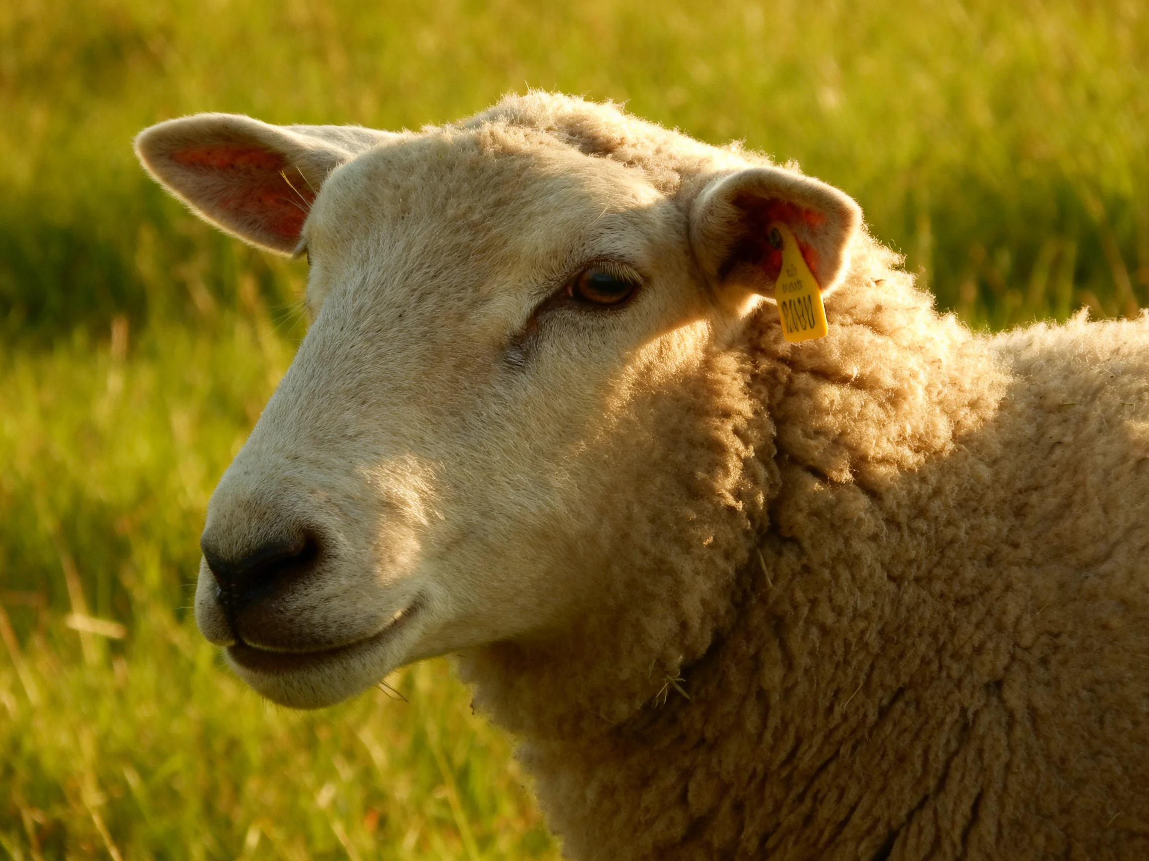 A sheep with thick cream wool in a sunlit meadow