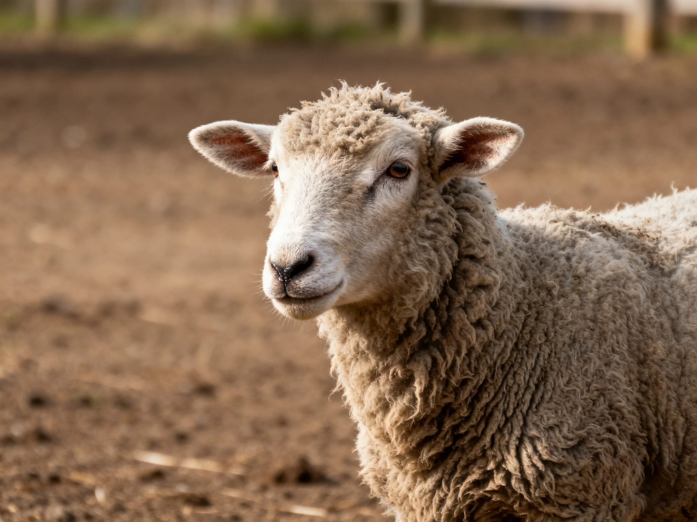 A sheep with thick curly gray wool on a dirt field