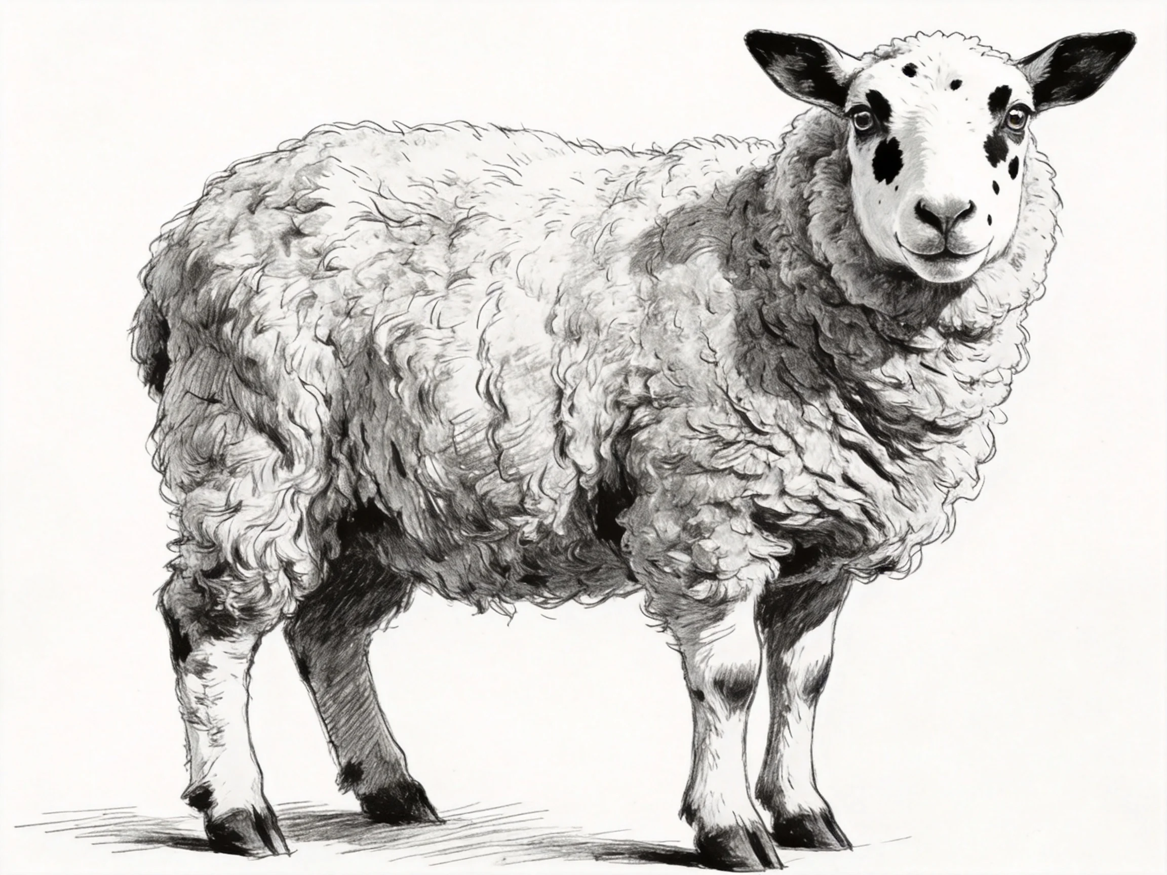 A sheep with thick curly wool and distinct facial markings