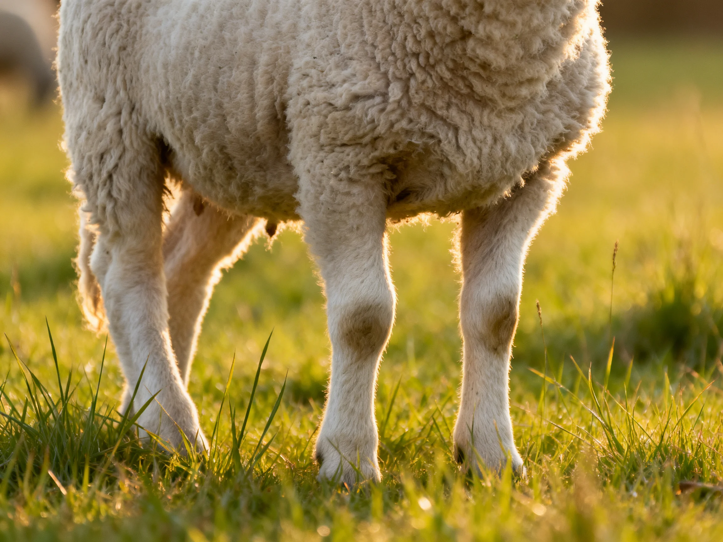 A sheep with thick white wool on sunlit green grass
