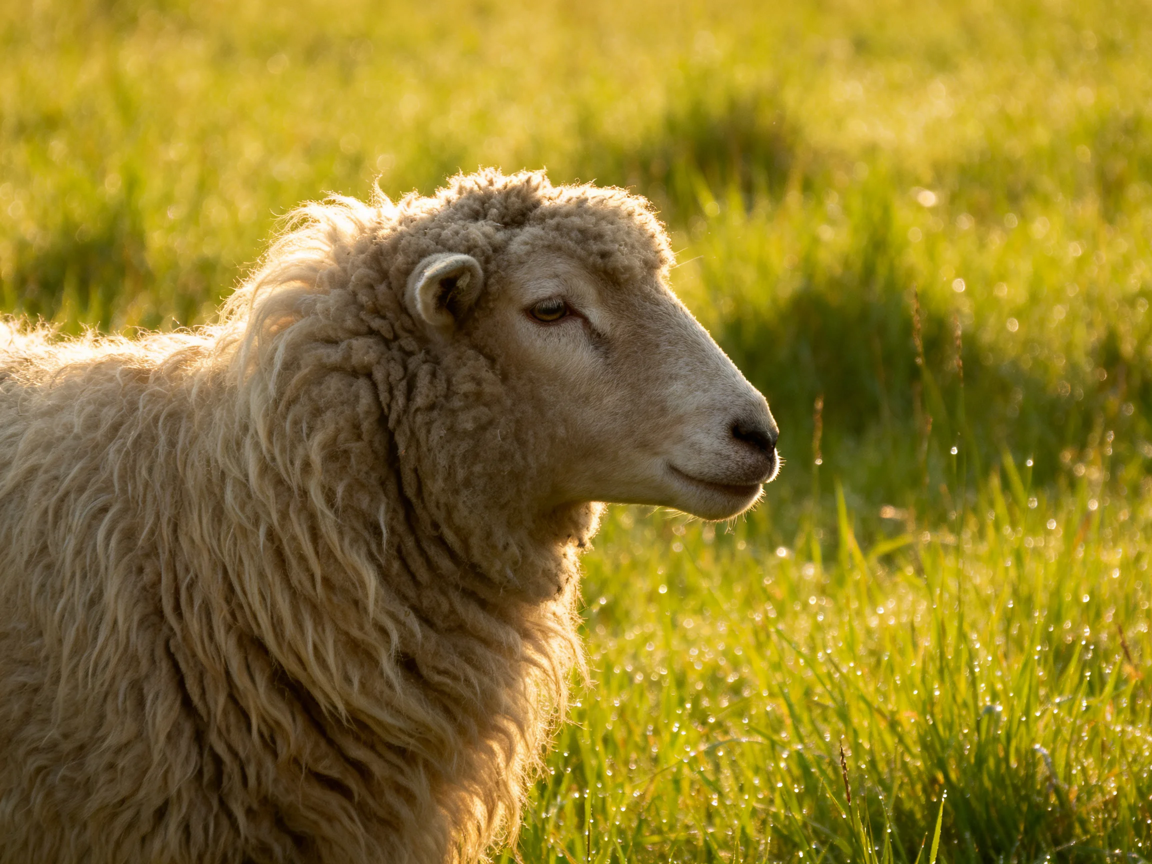 A sheep with thick wool in a sunlit green meadow