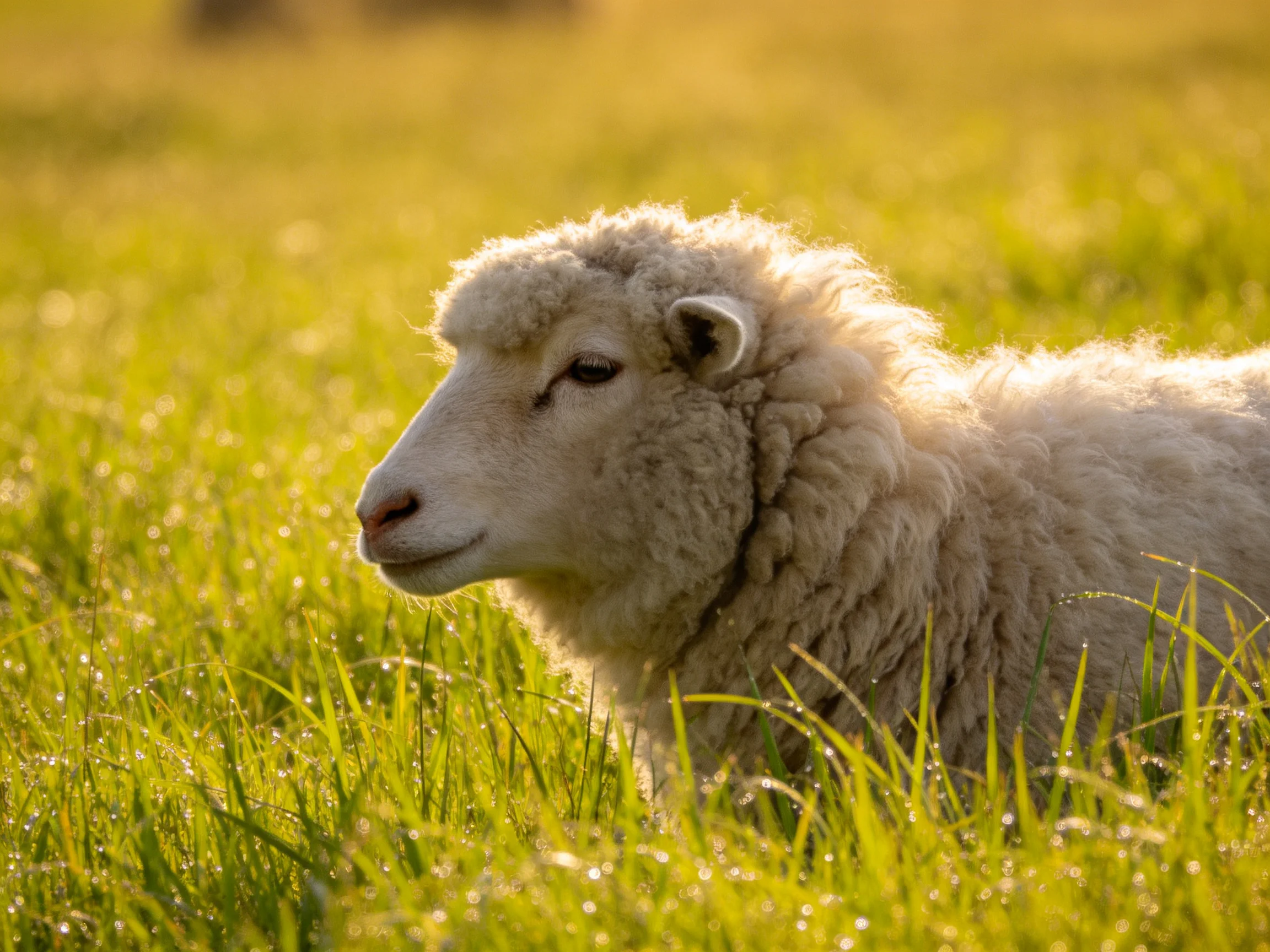 A sheep with thick wool rests in sunlit green grass