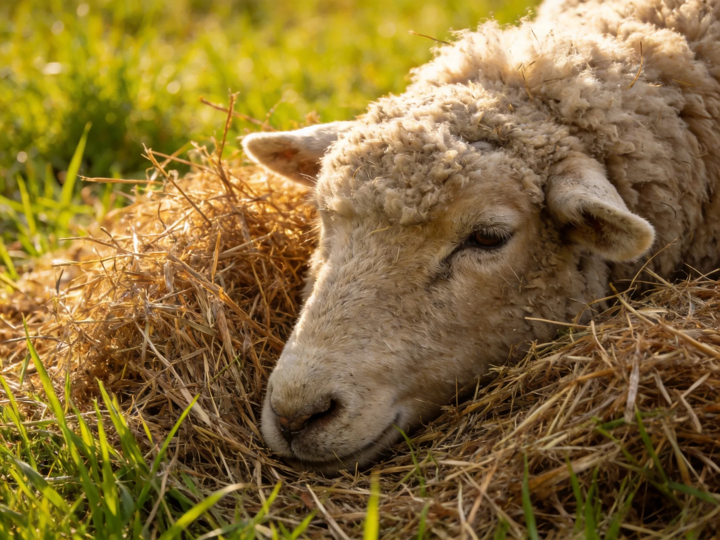 A sheep with thick wool rests on golden hay in green grass