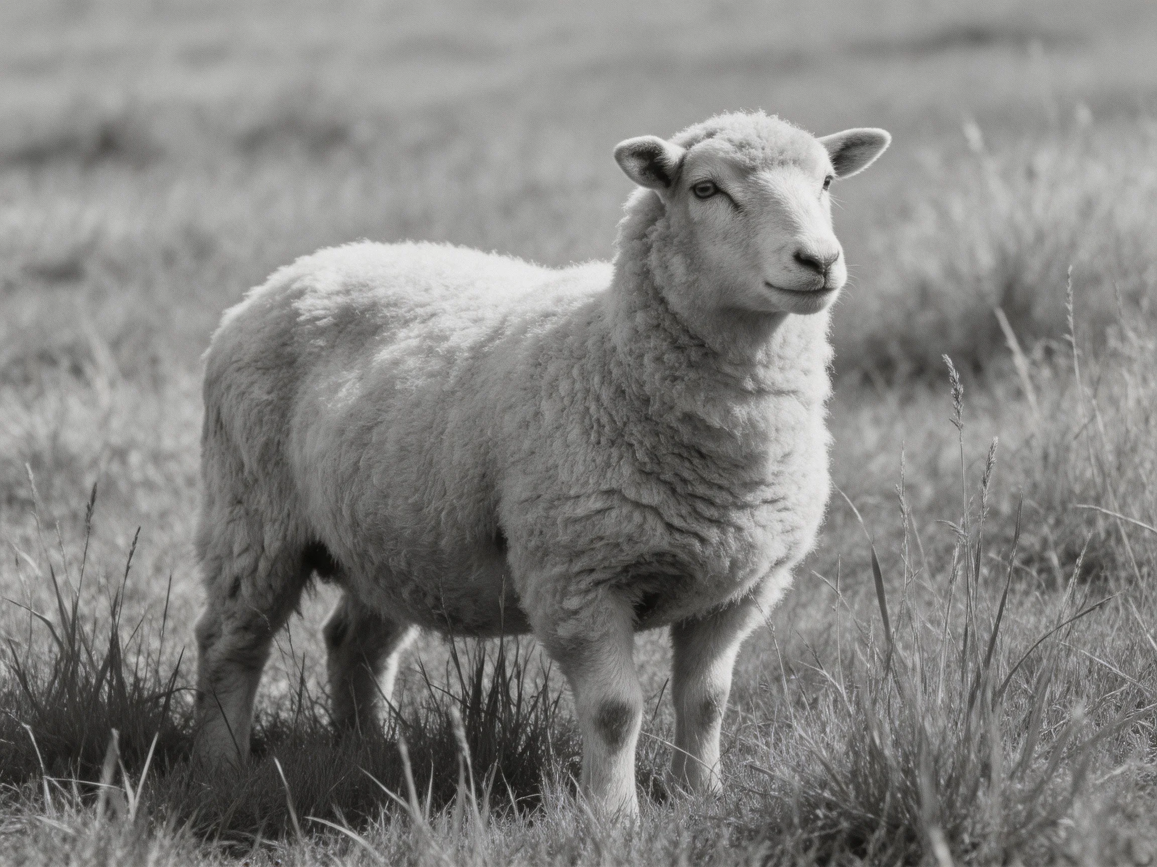 A sheep with thick wool stands in a grassy meadow