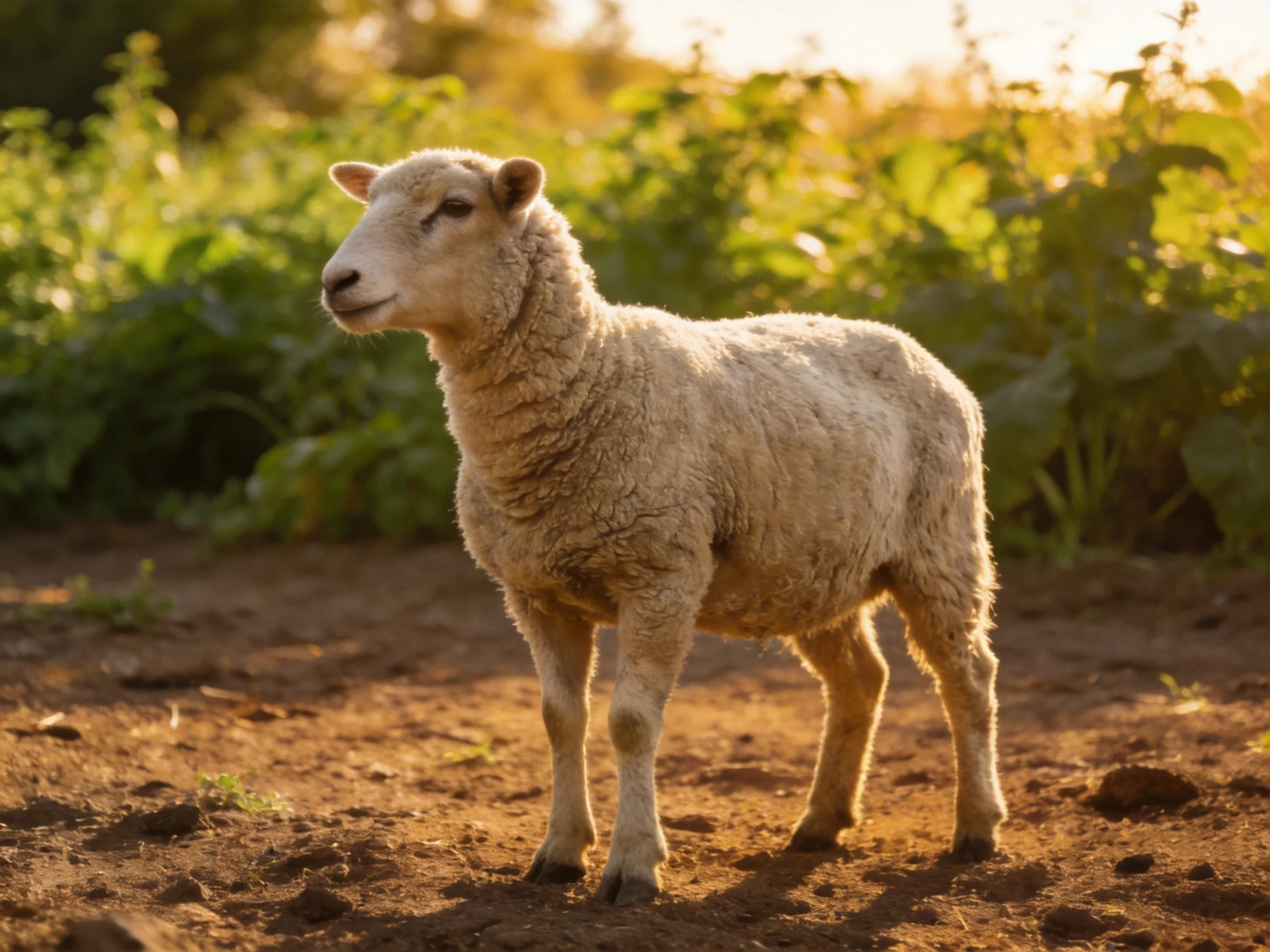 A sheep with thick wool stands in golden sunlight near greenery