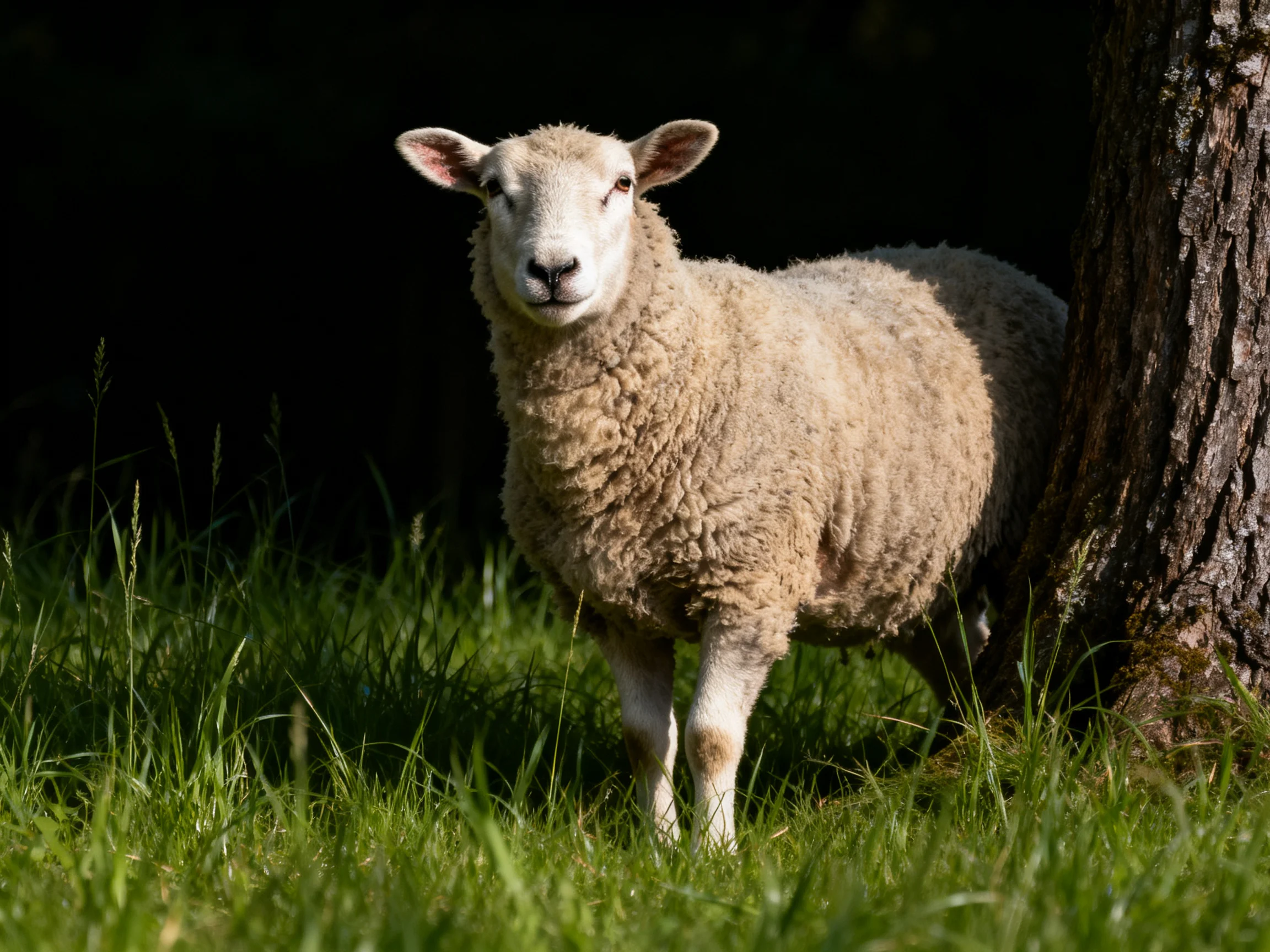 A sheep with thick wool stands near a tree in tall grass
