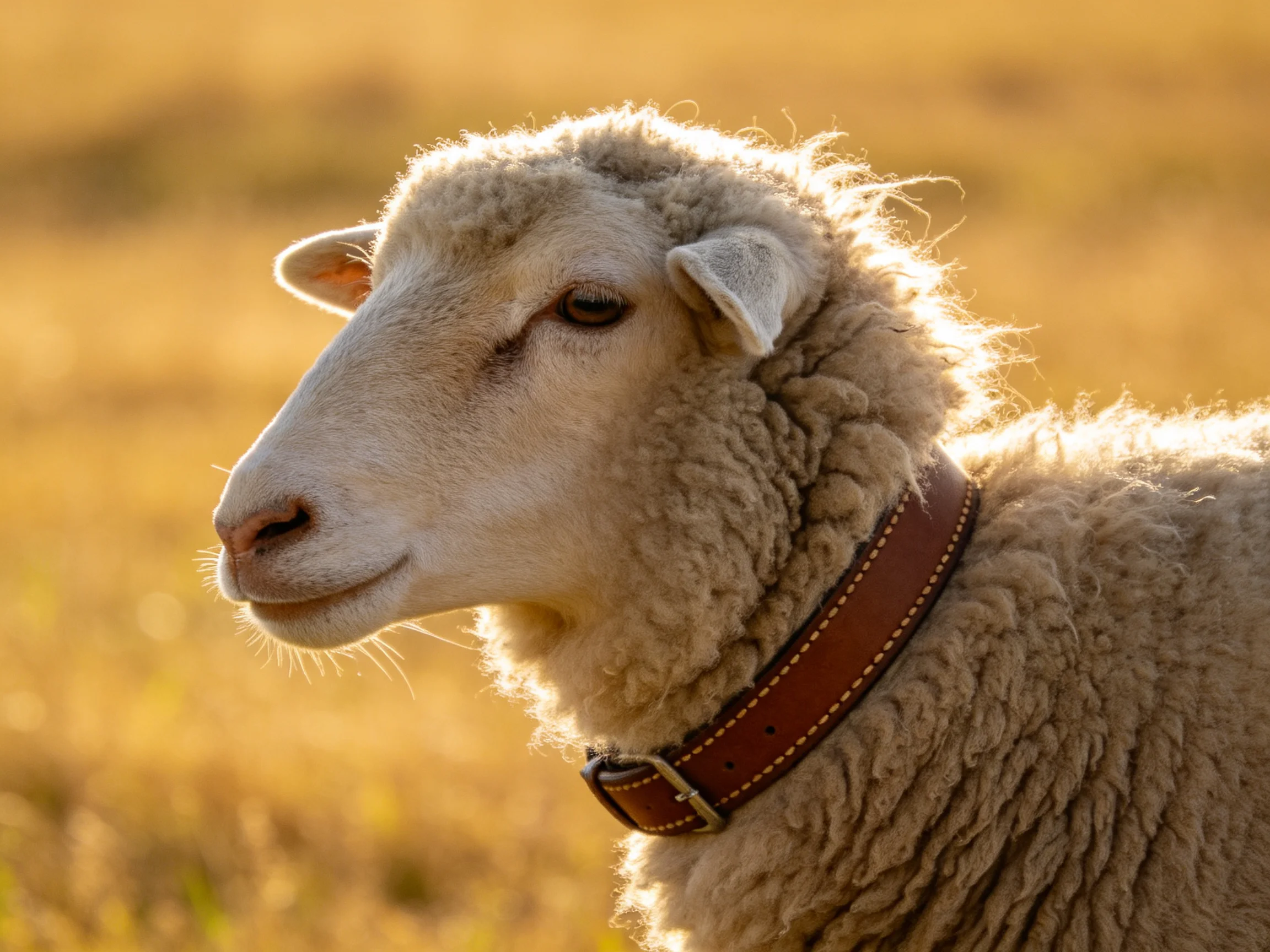 A sheep with thick wool wears a brown leather collar in a sunlit meadow