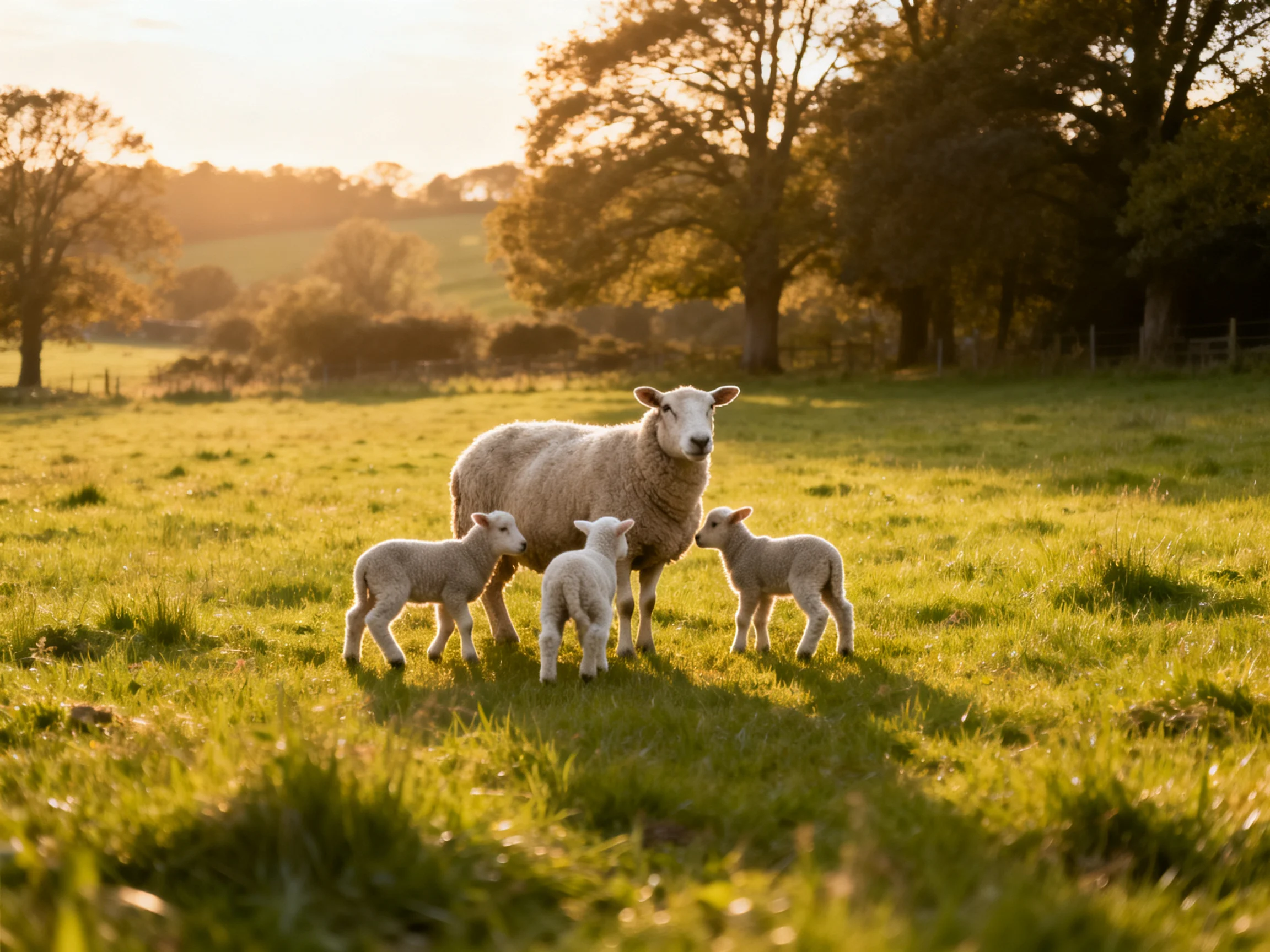 A sheep and three lambs gather in a sunlit meadow near trees.