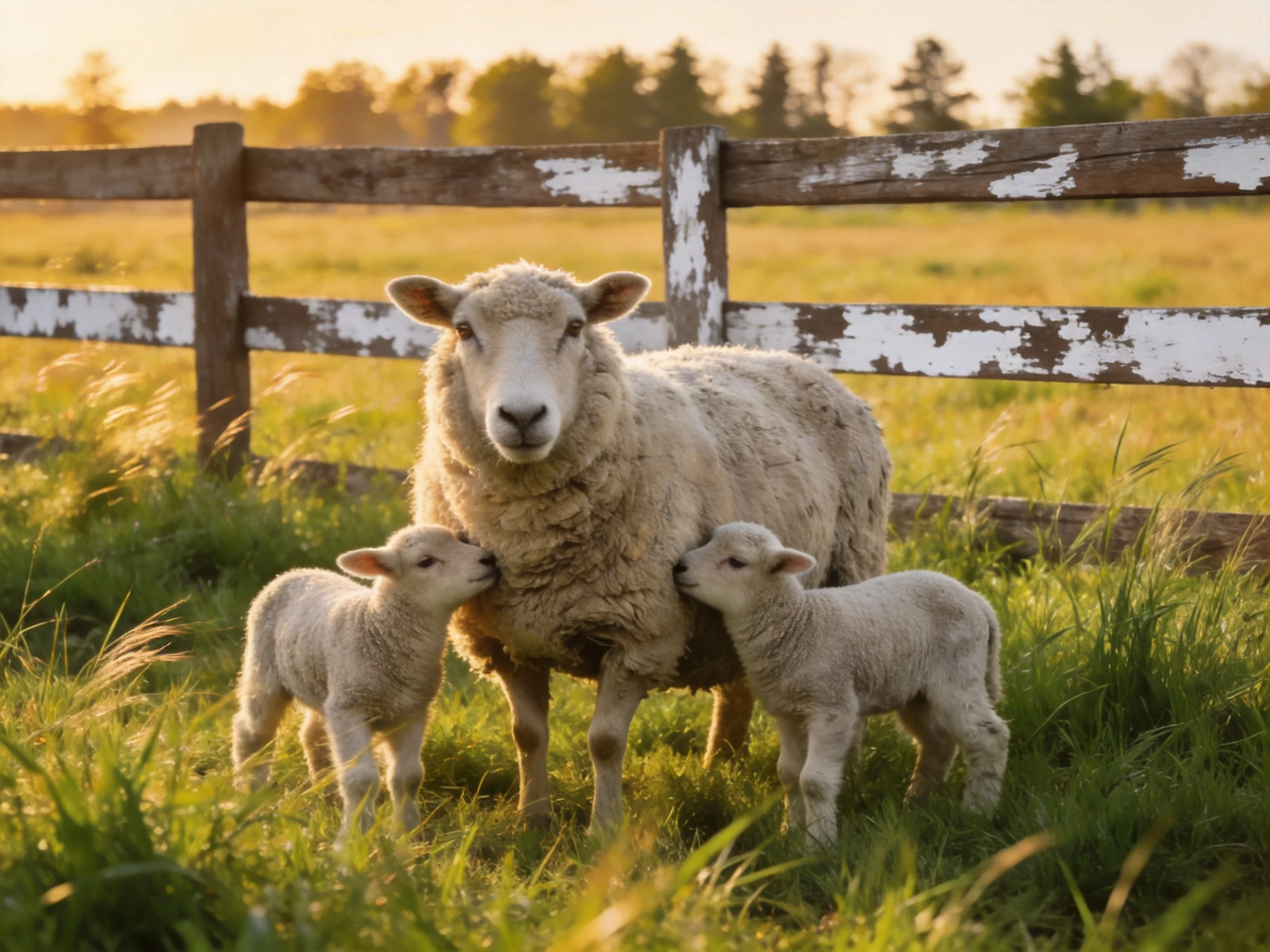A sheep with two lambs near a weathered wooden fence in golden light
