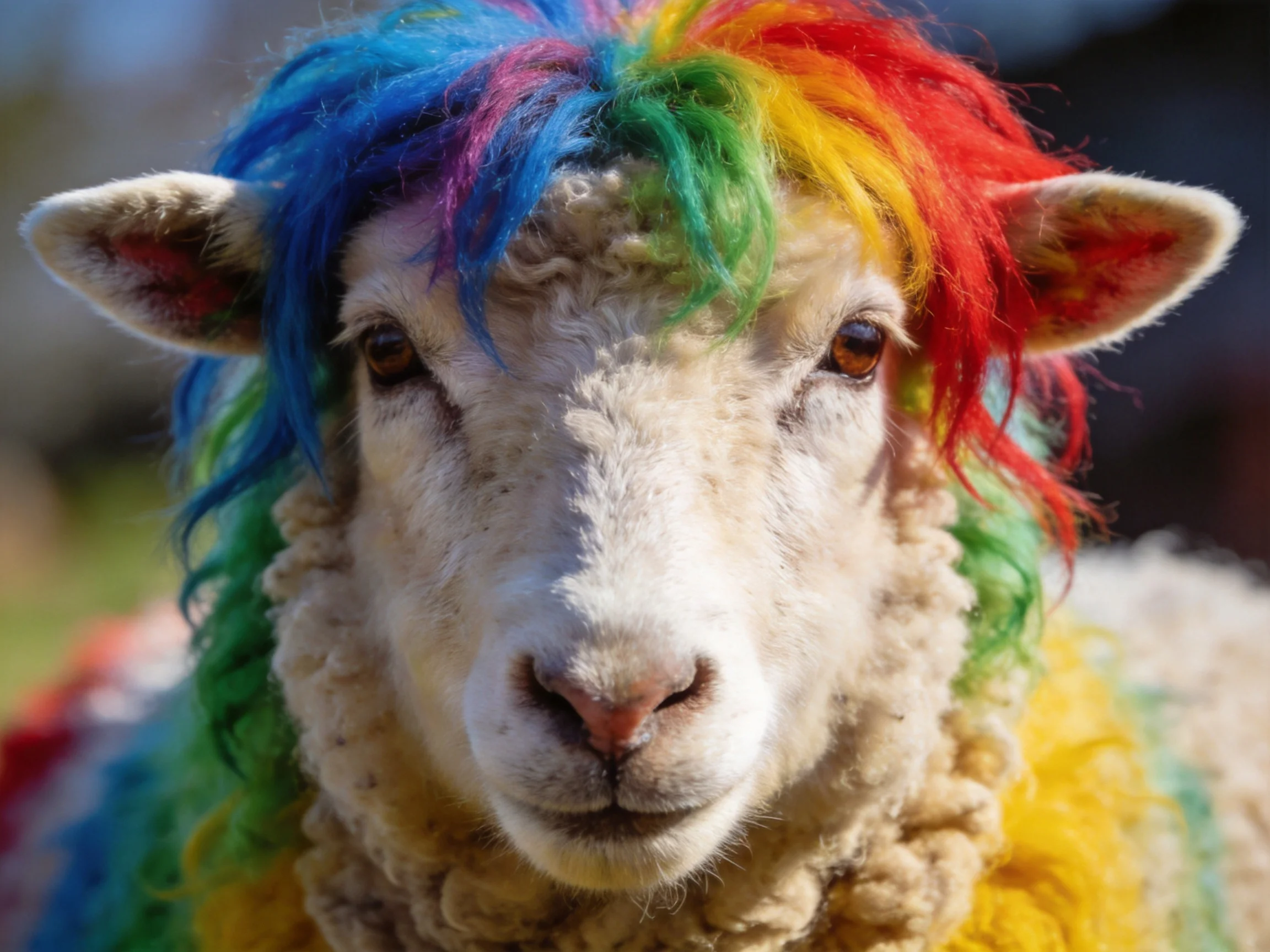A sheep with vibrant rainbow-colored dyed wool and thick white fur
