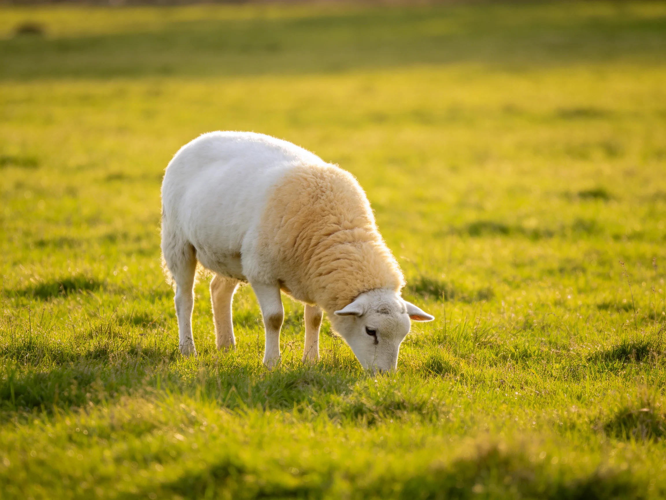 A sheep with white and tan wool grazing in a lush green meadow