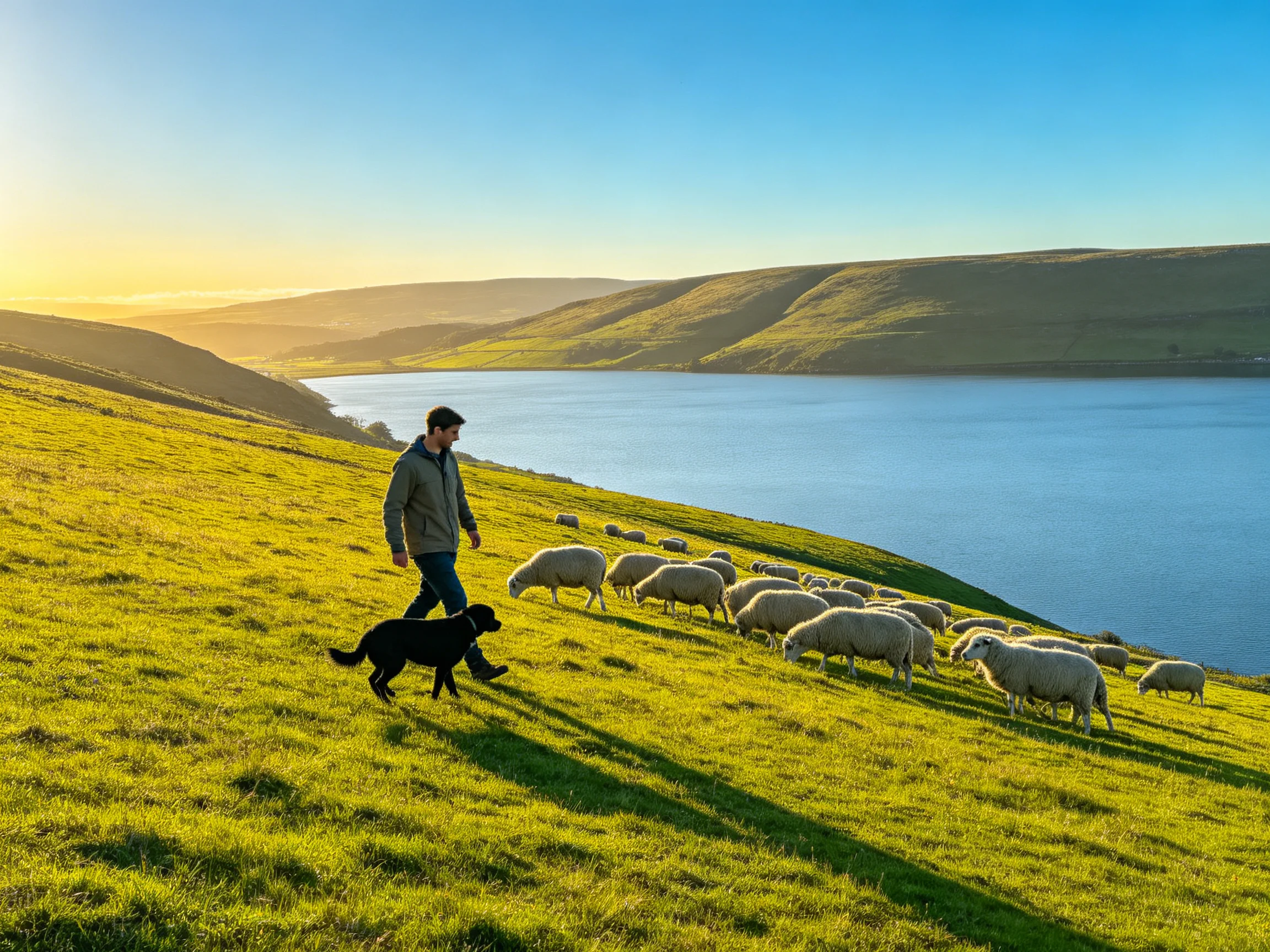A shepherd, black dog, and white sheep graze on a golden hillside by a calm lake
