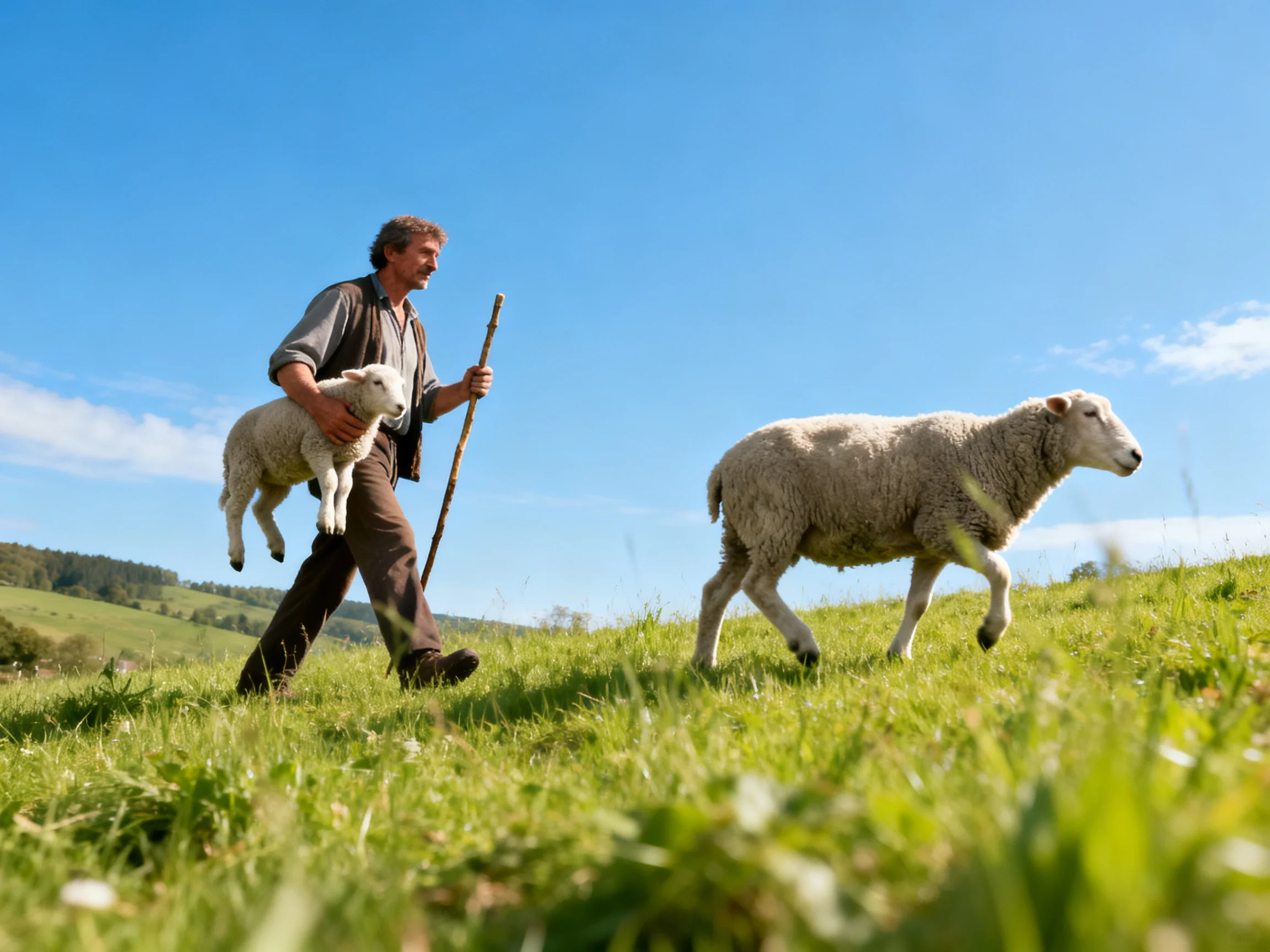 A shepherd carrying a lamb walks near a sheep in a sunny meadow
