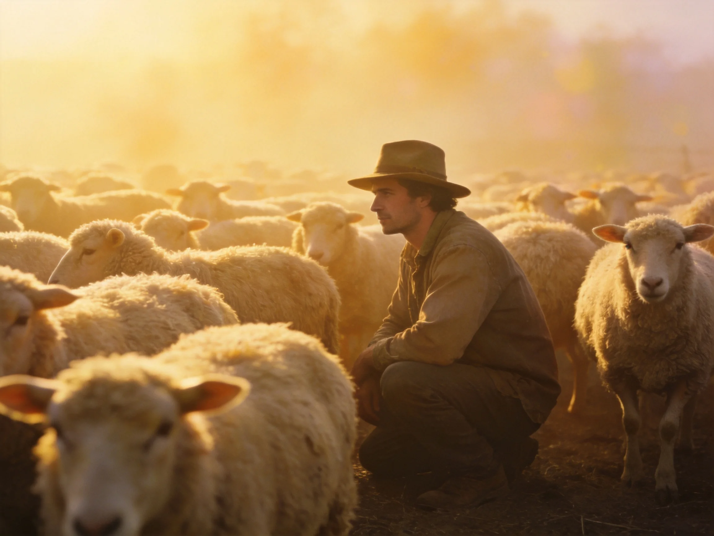 A shepherd crouched among many sheep in golden sunlight