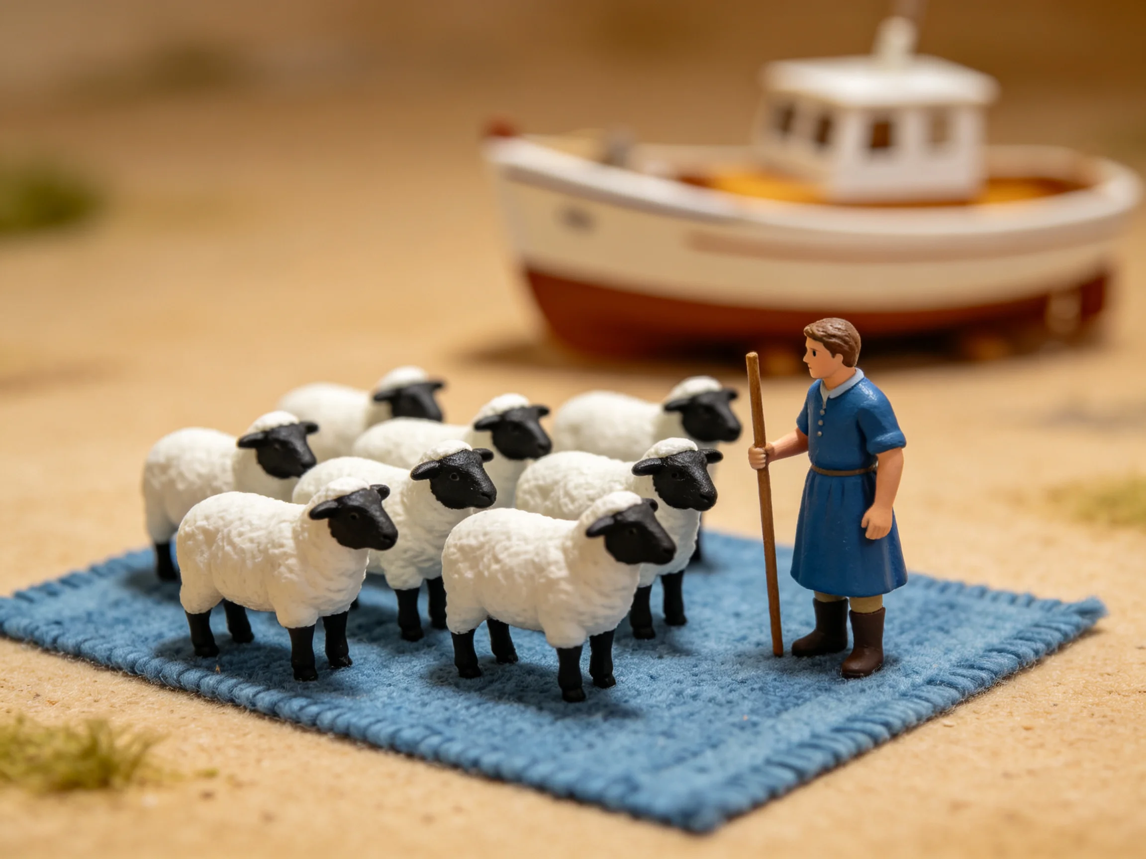 A shepherd figurine tends nine white sheep near a model boat
