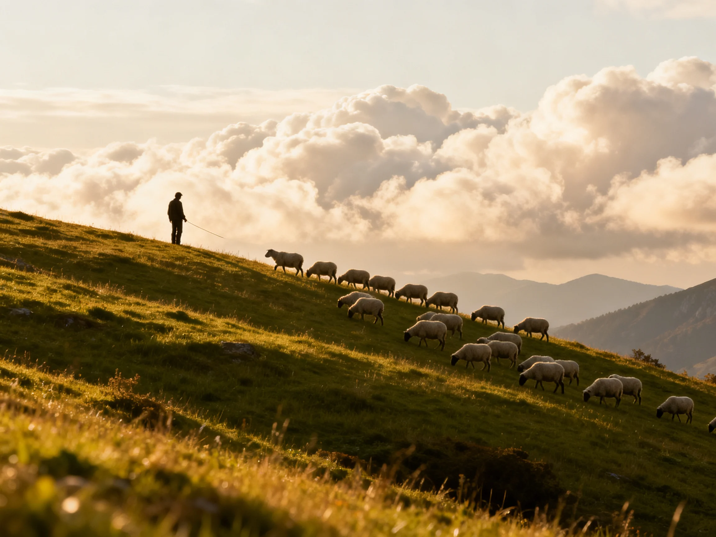 A shepherd guides a flock of sheep on a sunlit mountain slope with clouds.