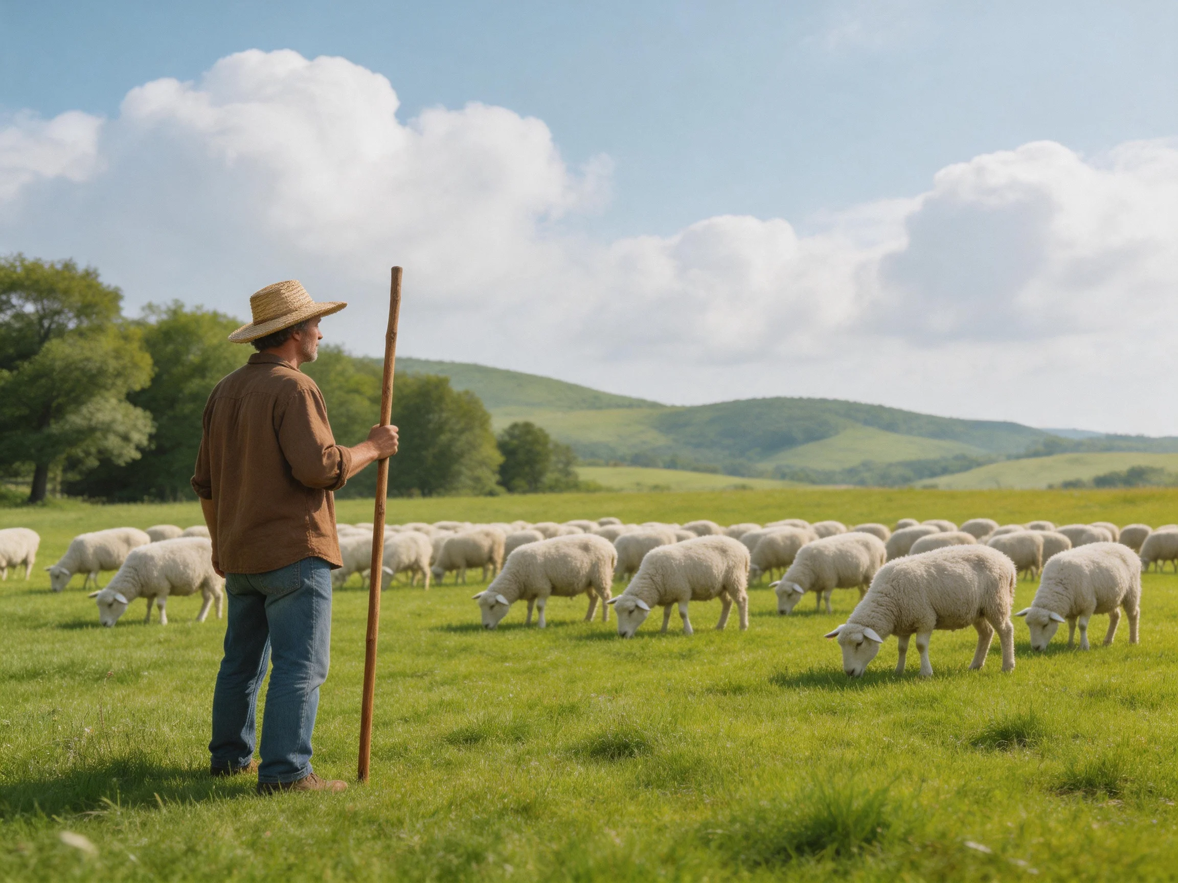 A shepherd guiding a flock of white sheep in a green pasture
