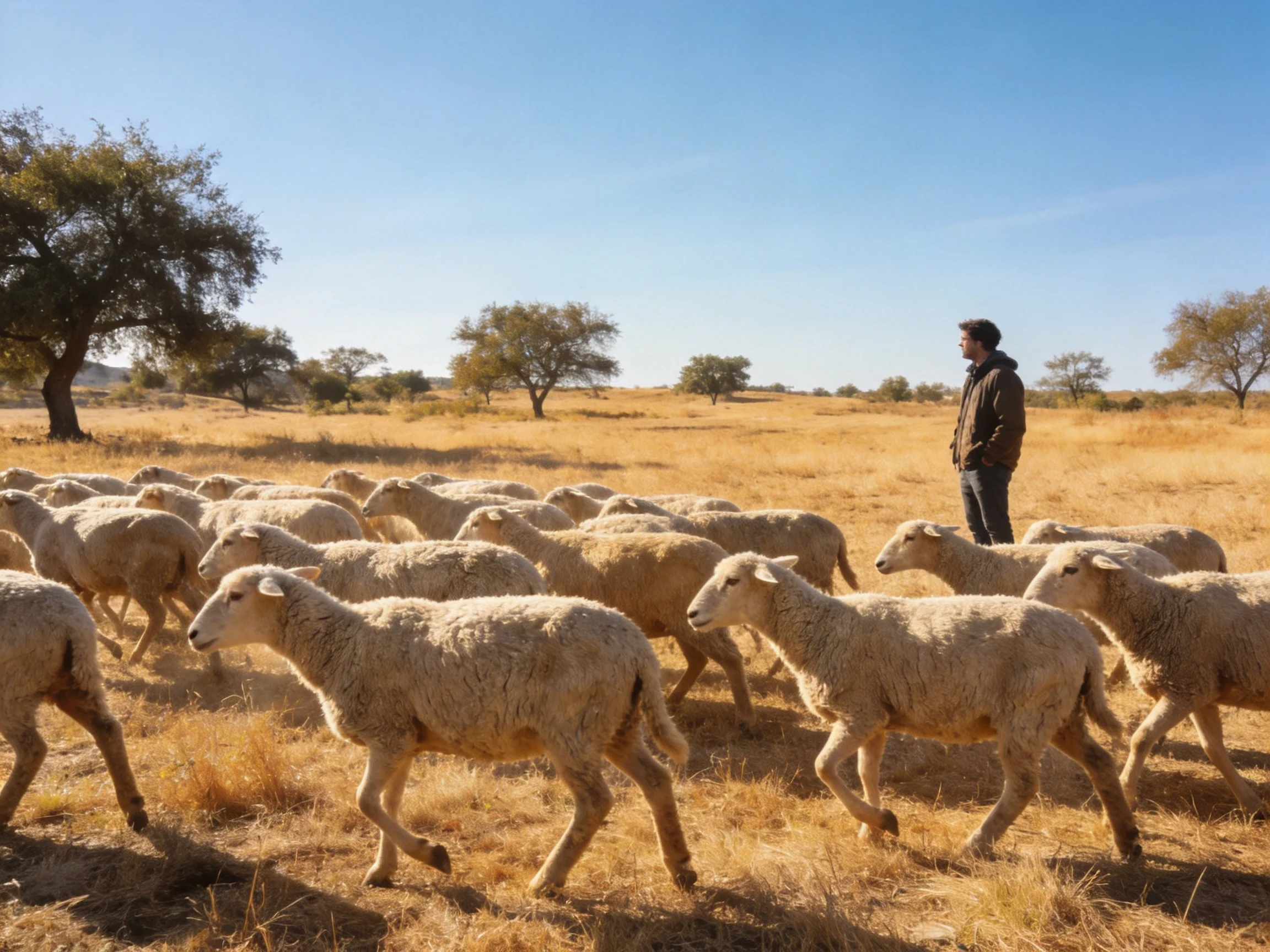 A shepherd guiding a flock of woolly sheep through golden fields