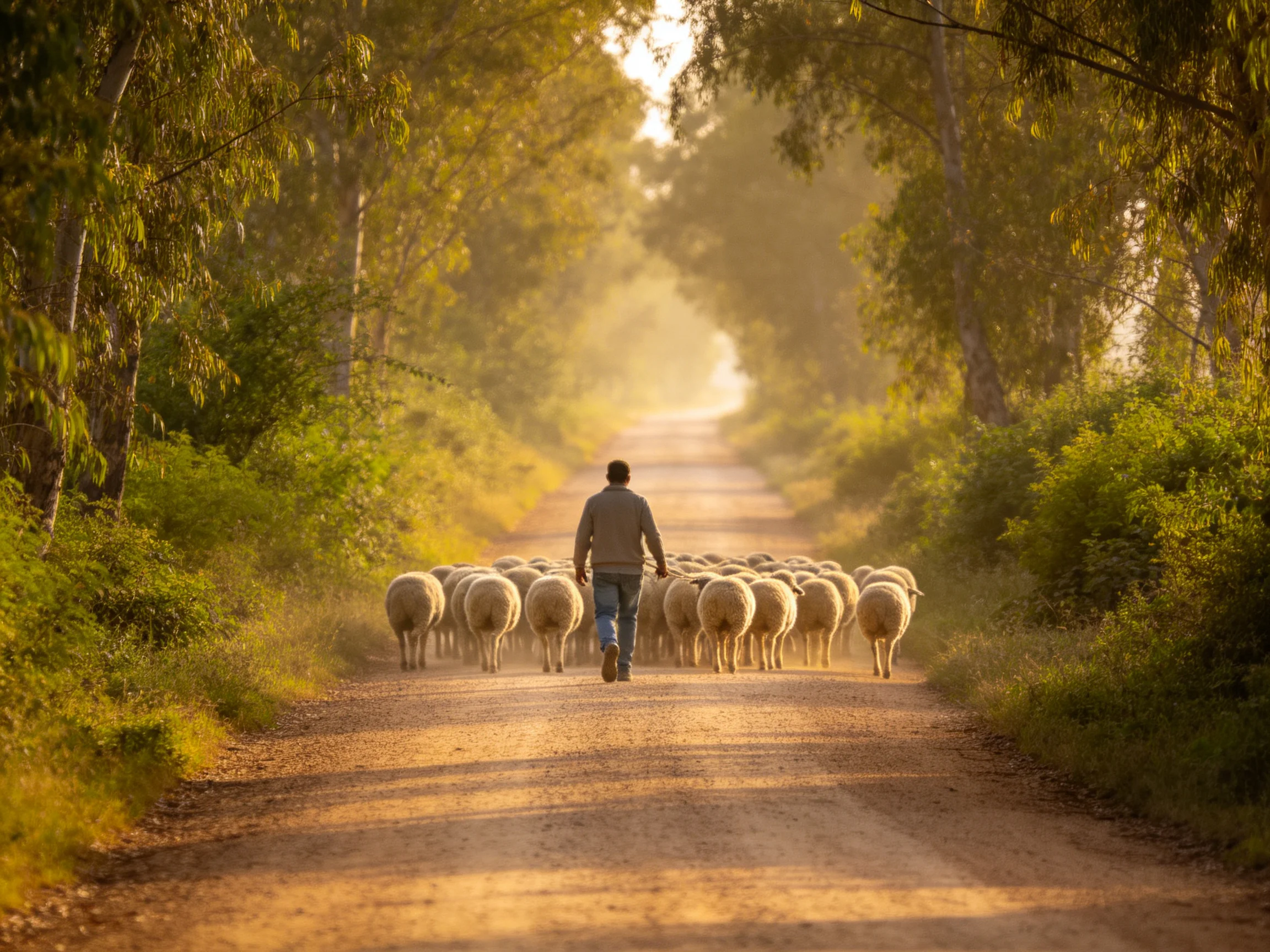A shepherd guiding sheep along a sunlit forest path