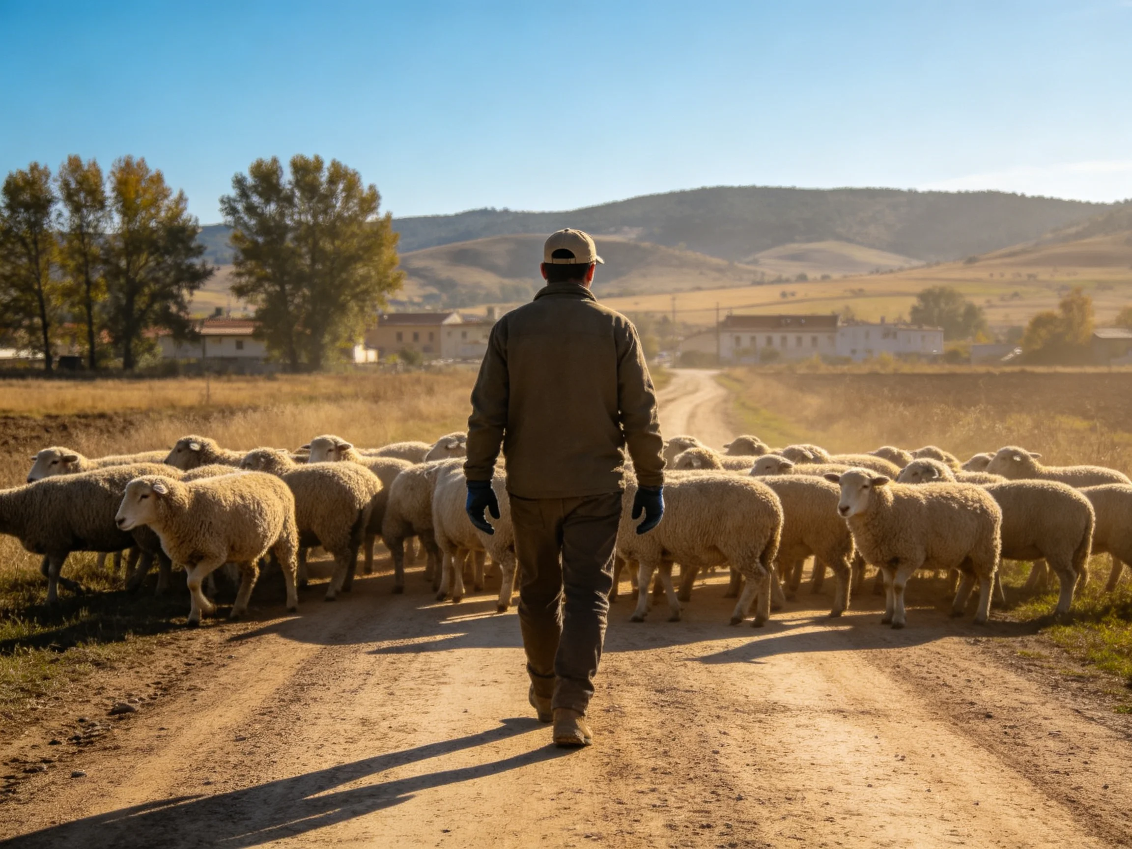 A shepherd herding a large flock of sheep on a dusty rural road