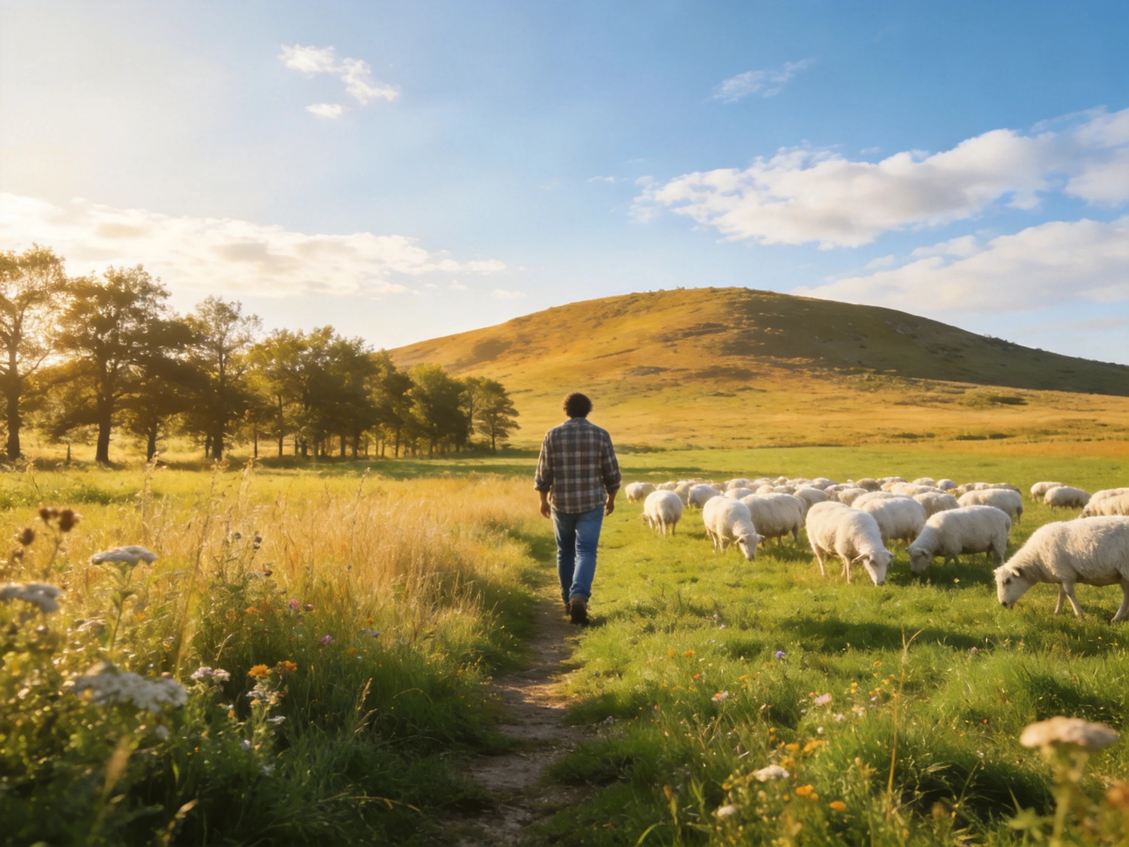 A shepherd herding sheep in a sunlit grassy field with a hill