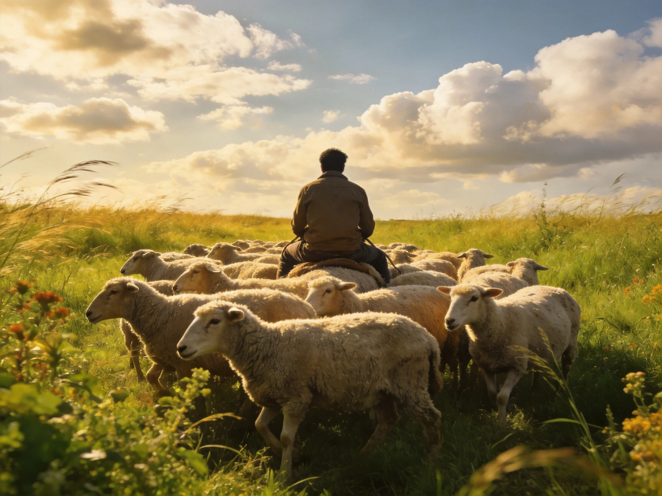A shepherd herding sheep in a sunlit green meadow