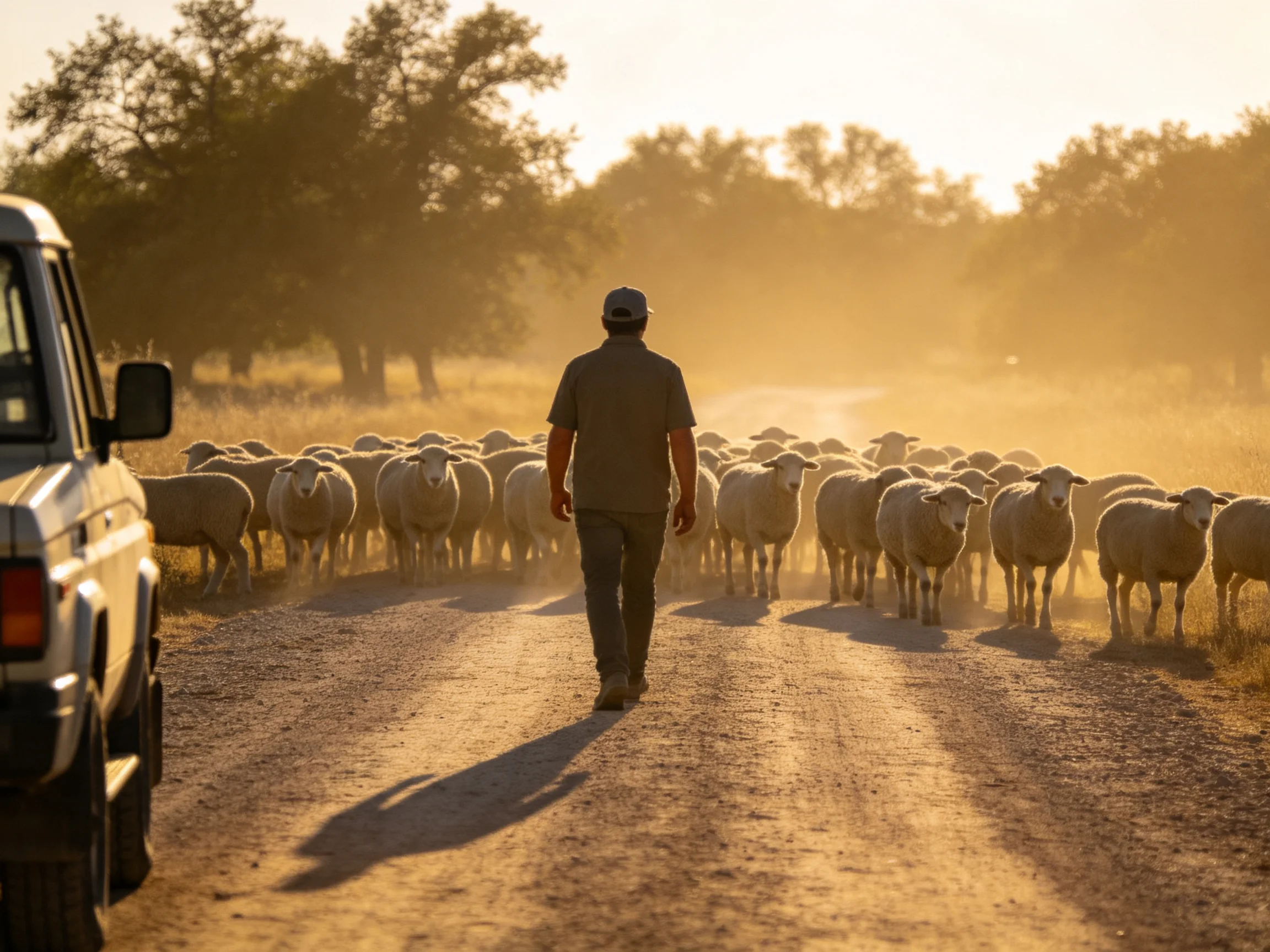 A shepherd herding sheep on a dusty rural road at golden hour