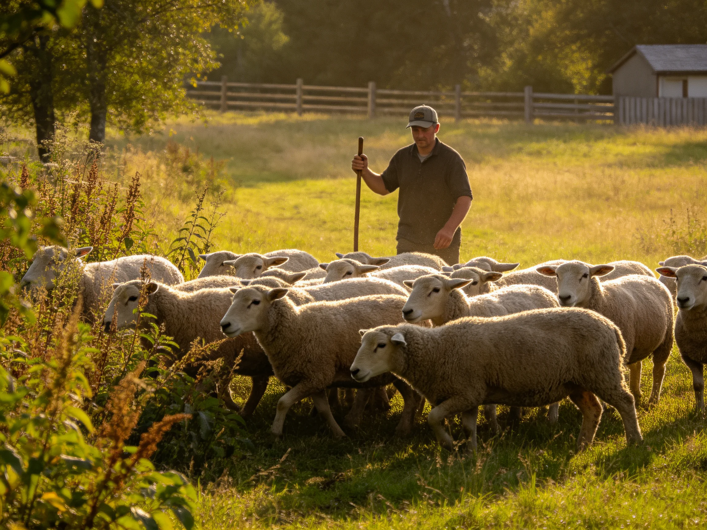 A shepherd herding white sheep in a sunlit green pasture